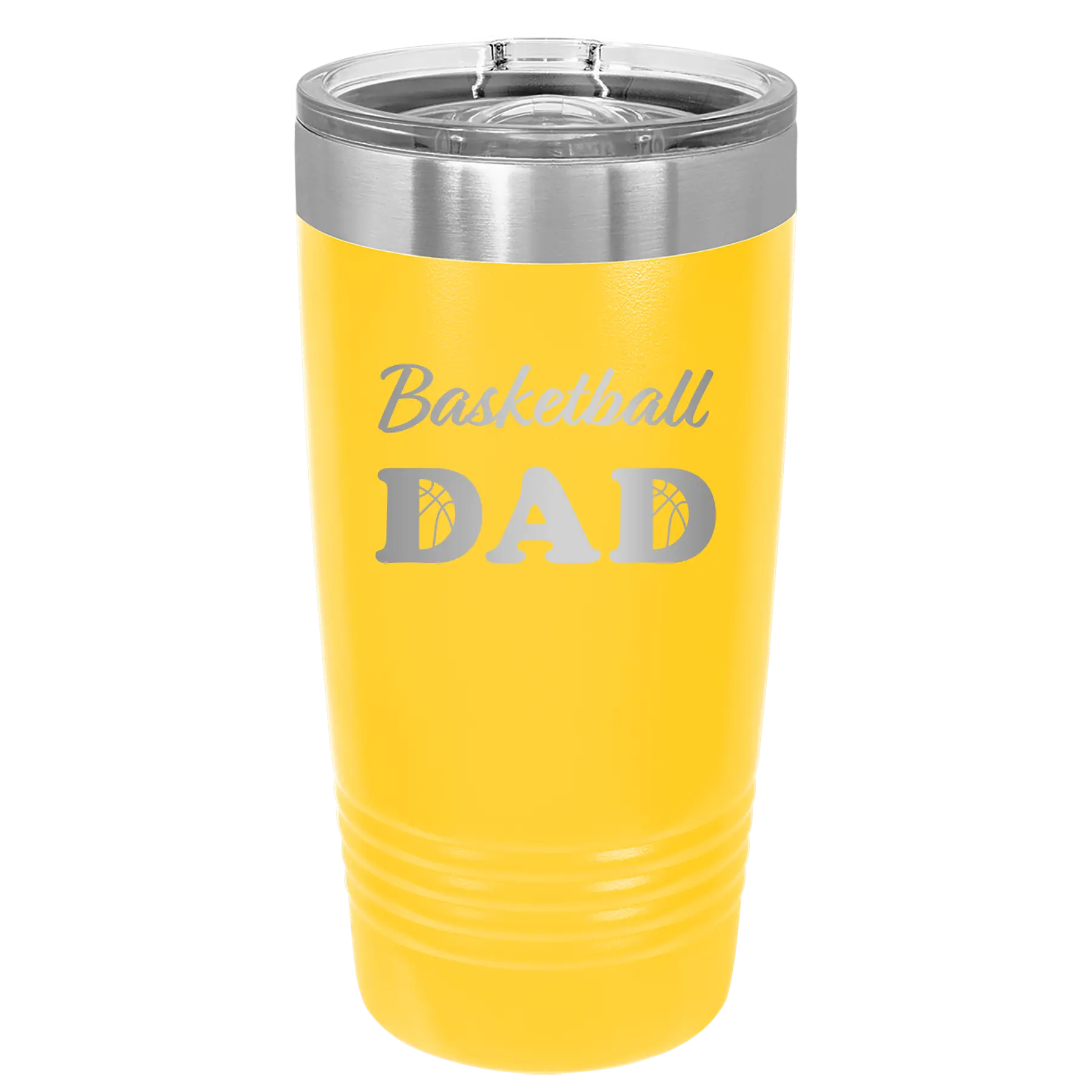 Laser etched yellow 20 oz vacuum insulated tumbler with 'Basketball Dad2' design