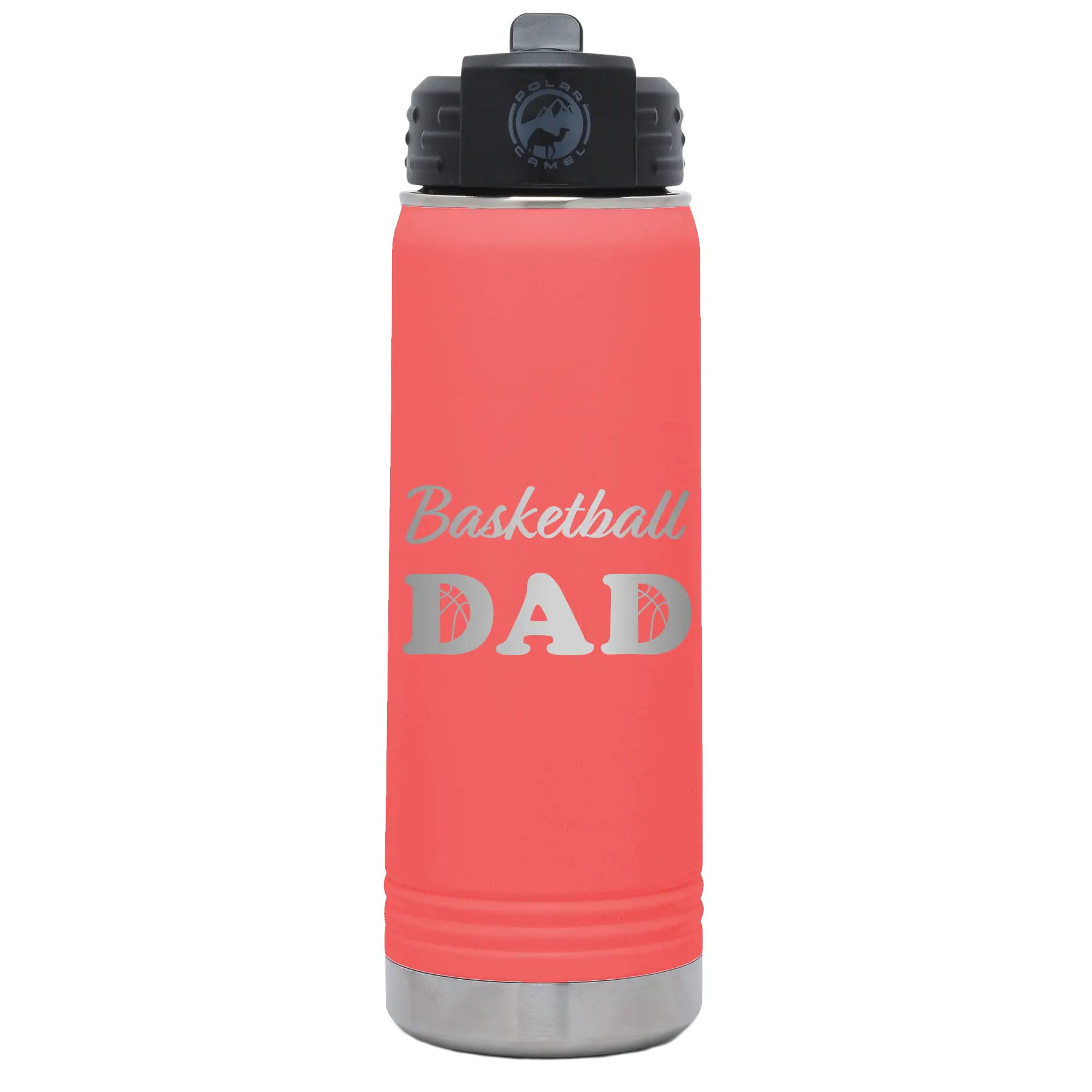 Laser etched coral 20 oz vacuum insulated water bottle with 'Basketball Dad2' design