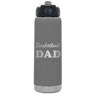 Laser etched dark gray 20 oz vacuum insulated water bottle with 'Basketball Dad2' design