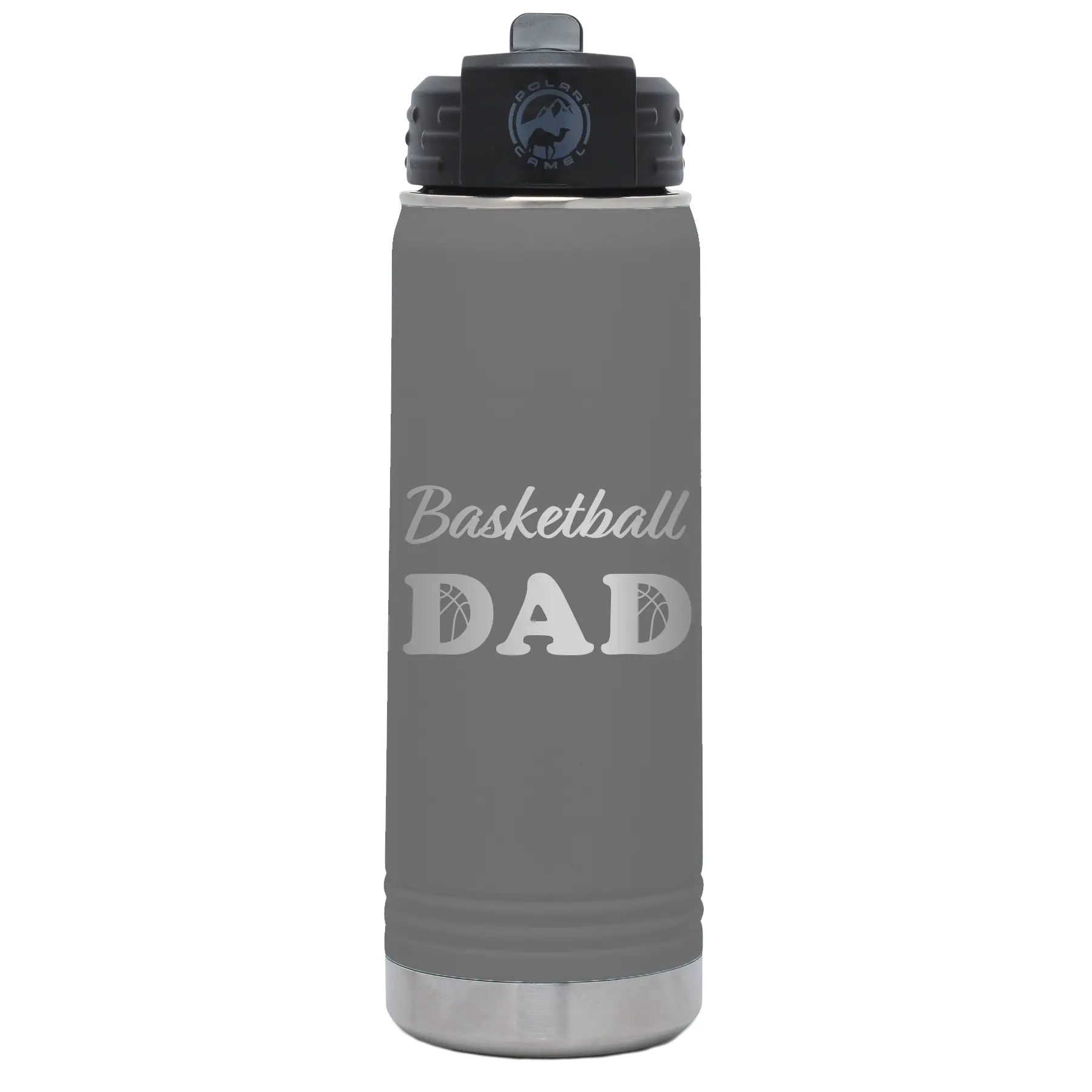 Laser etched dark gray 20 oz vacuum insulated water bottle with 'Basketball Dad2' design