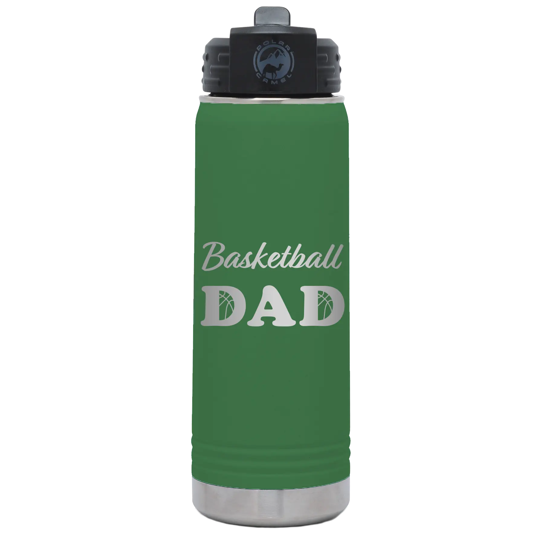 Laser etched green 20 oz vacuum insulated water bottle with 'Basketball Dad2' design