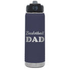 Laser etched navy 20 oz vacuum insulated water bottle with 'Basketball Dad2' design