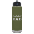 Laser etched olive green 20 oz vacuum insulated water bottle with 'Basketball Dad2' design
