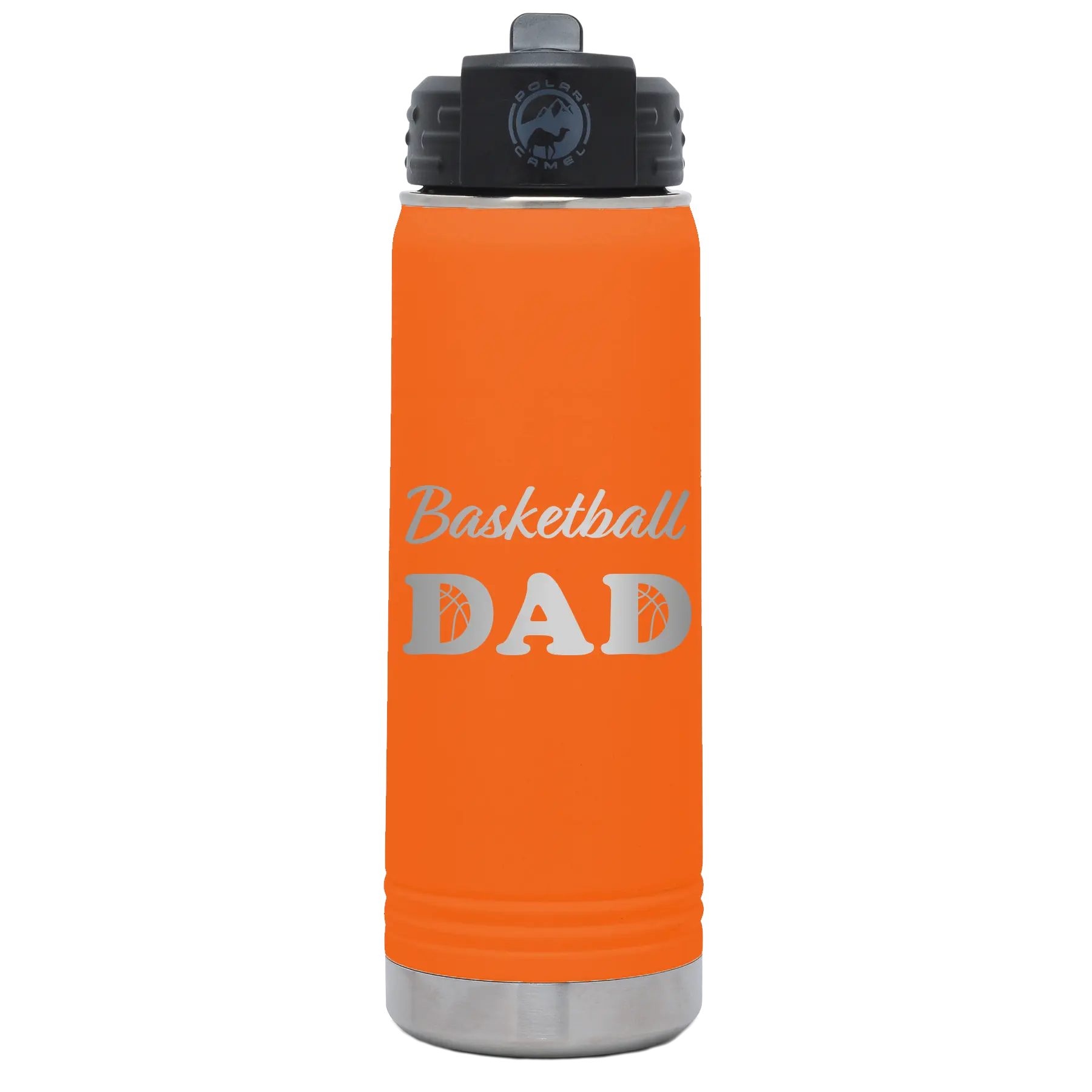Laser etched orange 20 oz vacuum insulated water bottle with 'Basketball Dad2' design