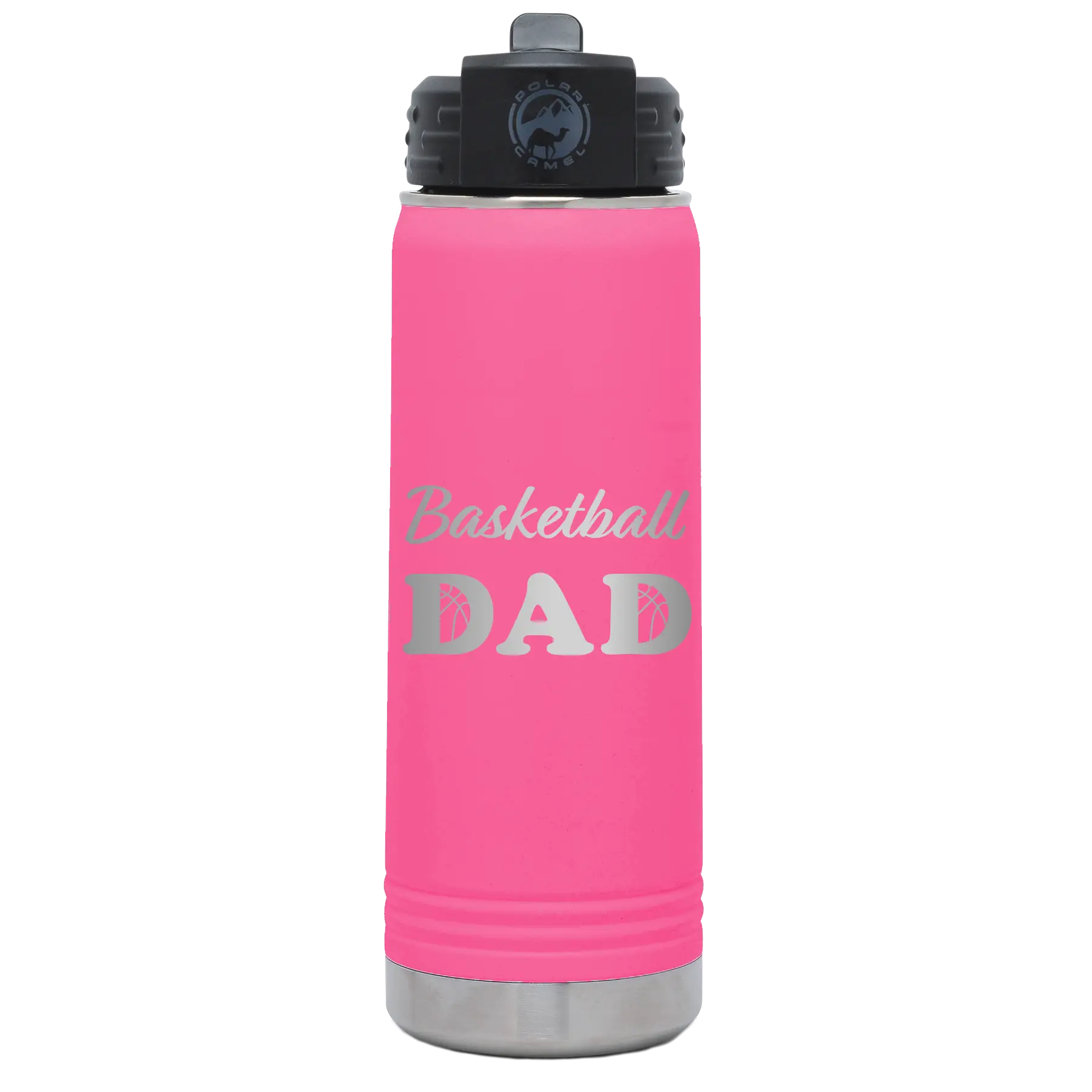 Laser etched pink 20 oz vacuum insulated water bottle with 'Basketball Dad2' design