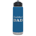 Laser etched royal blue 20 oz vacuum insulated water bottle with 'Basketball Dad2' design