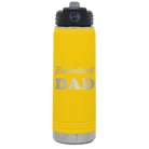 Laser etched yellow 20 oz vacuum insulated water bottle with 'Basketball Dad2' design