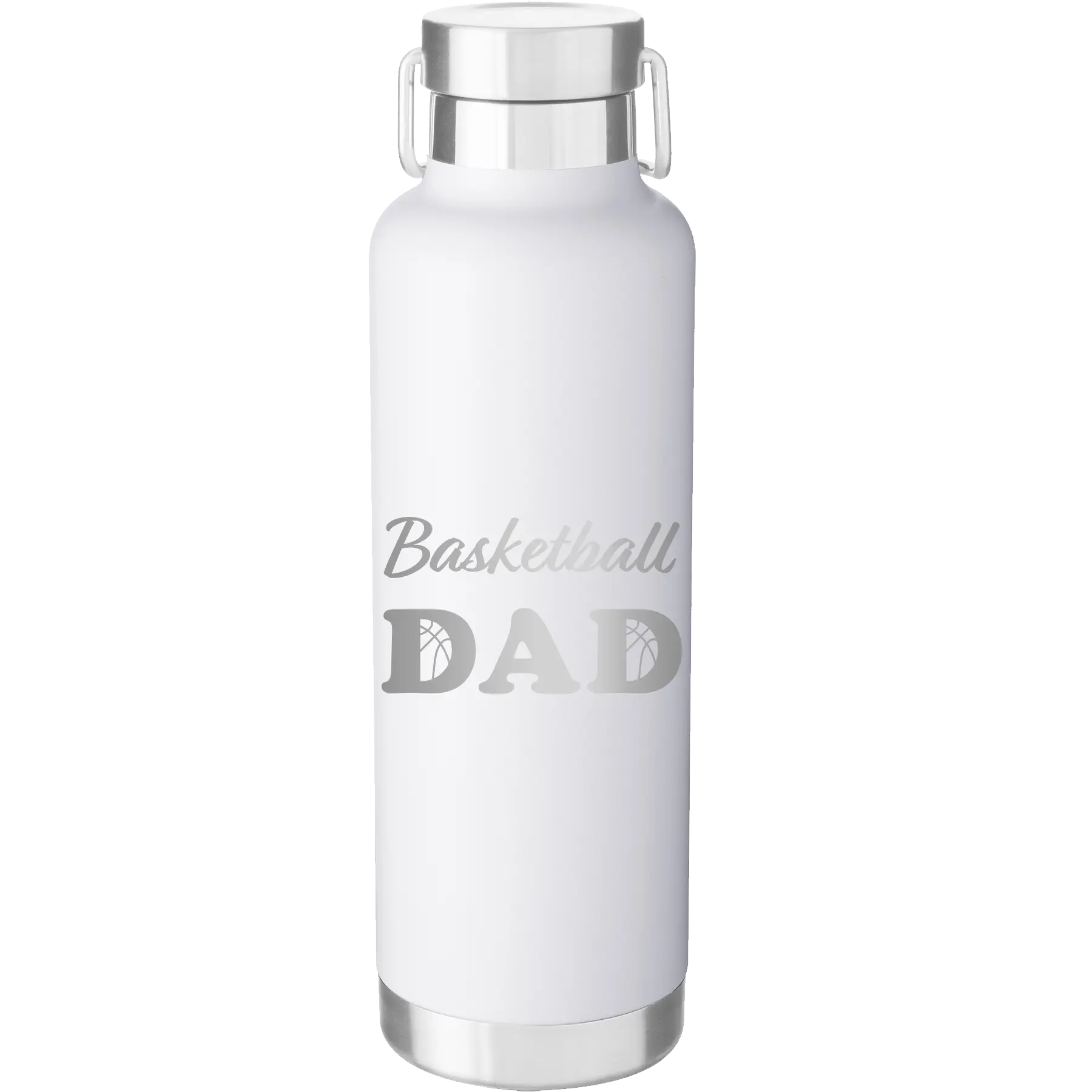 Laser etched white 24 oz vacuum insulated water bottle with 'Basketball Dad2' design