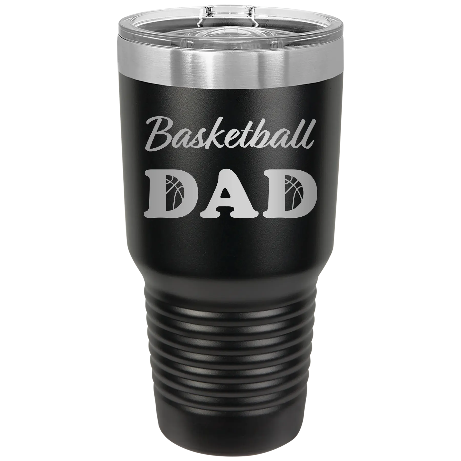 Laser etched black 30 oz vacuum insulated tumbler with 'Basketball Dad2' design