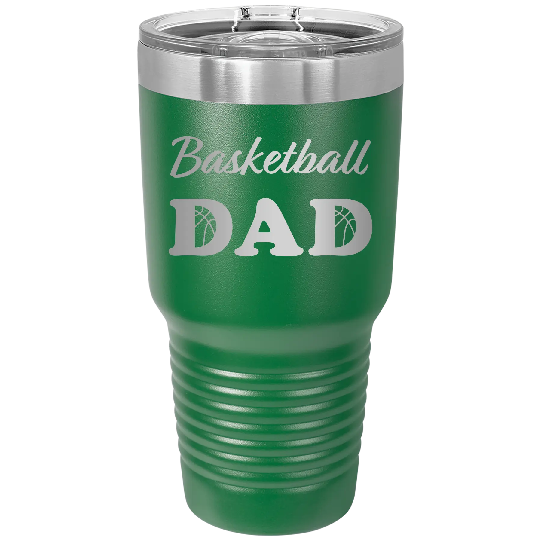 Laser etched green 30 oz vacuum insulated tumbler with 'Basketball Dad2' design