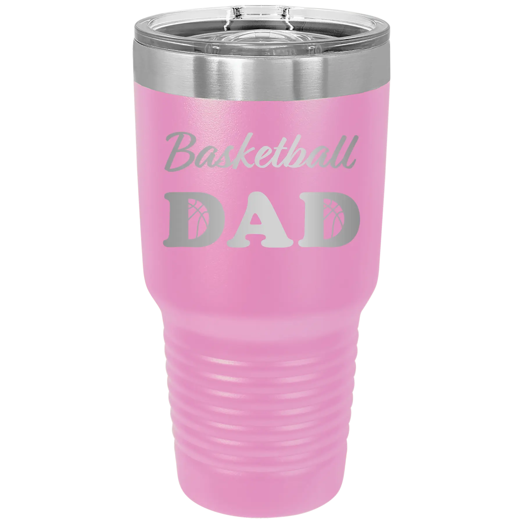 Laser etched light purple 30 oz vacuum insulated tumbler with 'Basketball Dad2' design