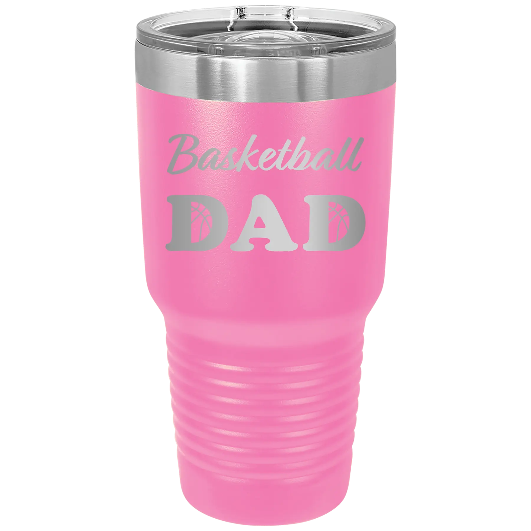 Laser etched pink 30 oz vacuum insulated tumbler with 'Basketball Dad2' design