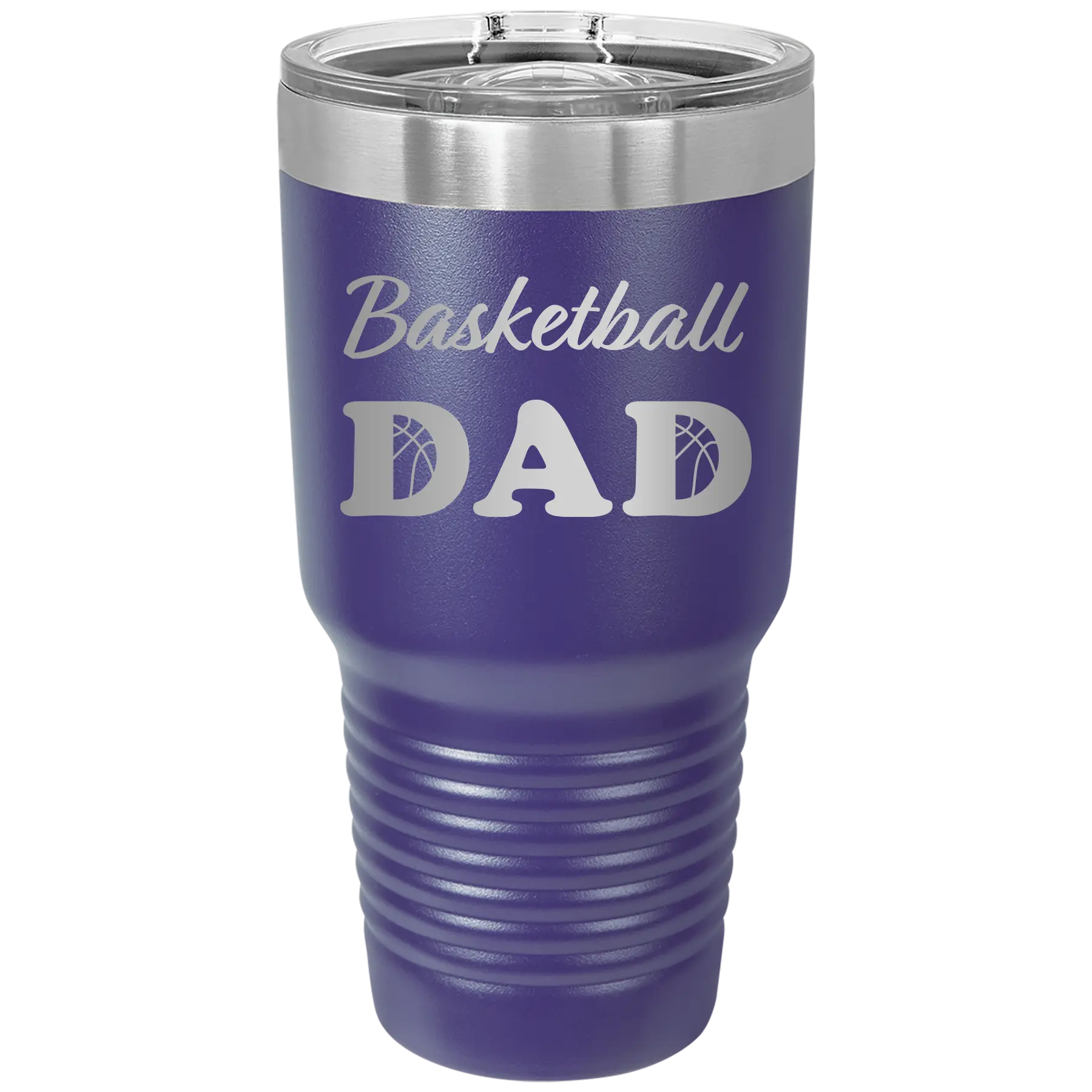 Laser etched purple 30 oz vacuum insulated tumbler with 'Basketball Dad2' design