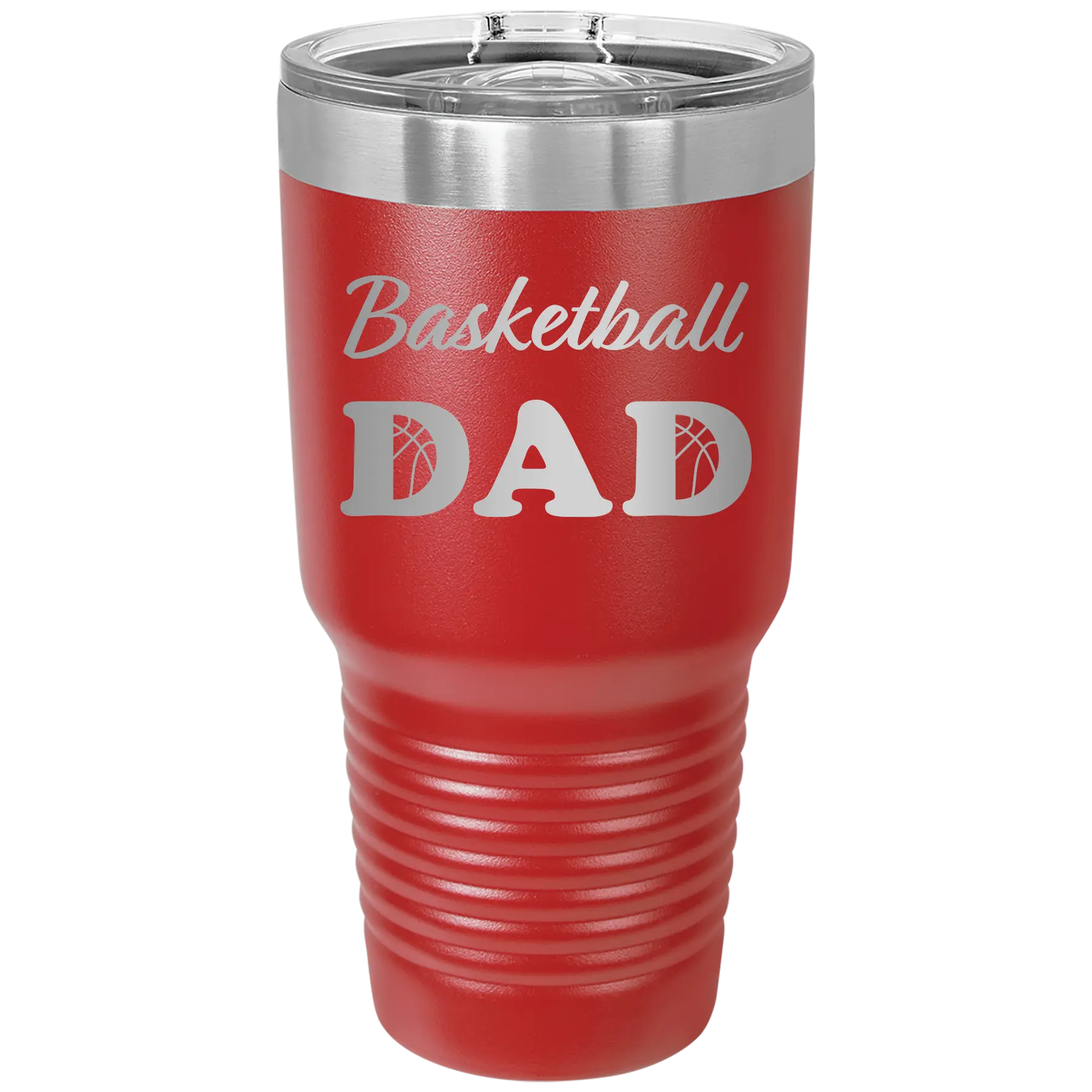 Laser etched red 30 oz vacuum insulated tumbler with 'Basketball Dad2' design
