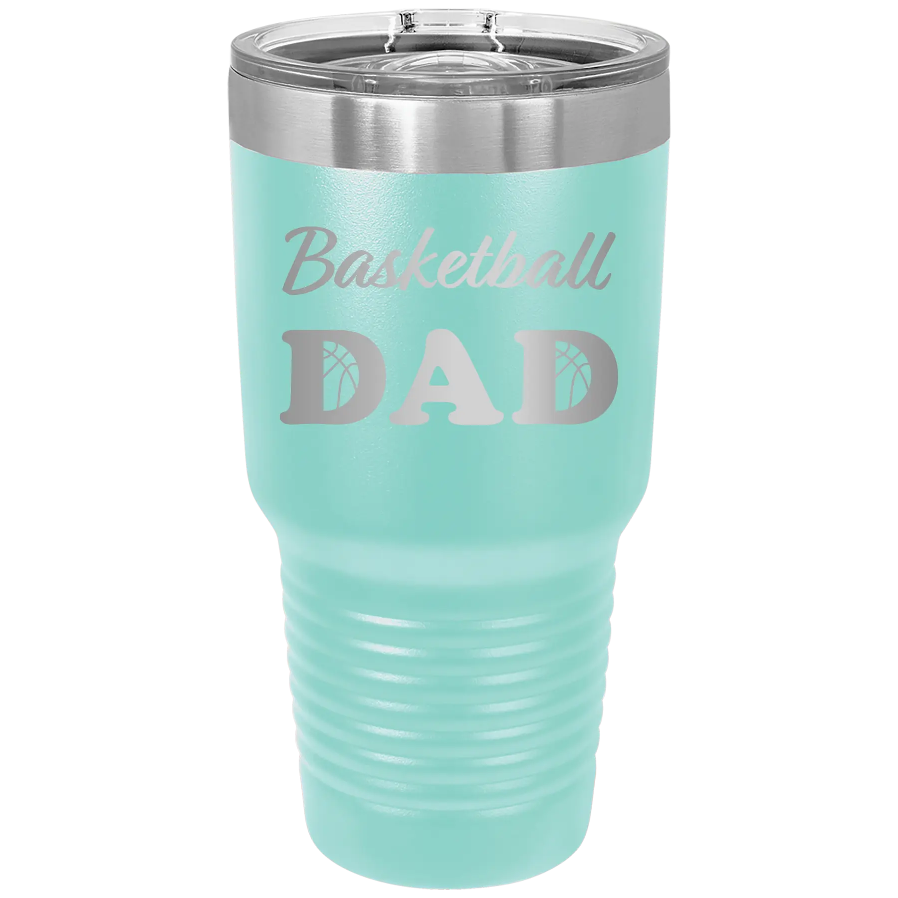 Laser etched teal 30 oz vacuum insulated tumbler with 'Basketball Dad2' design
