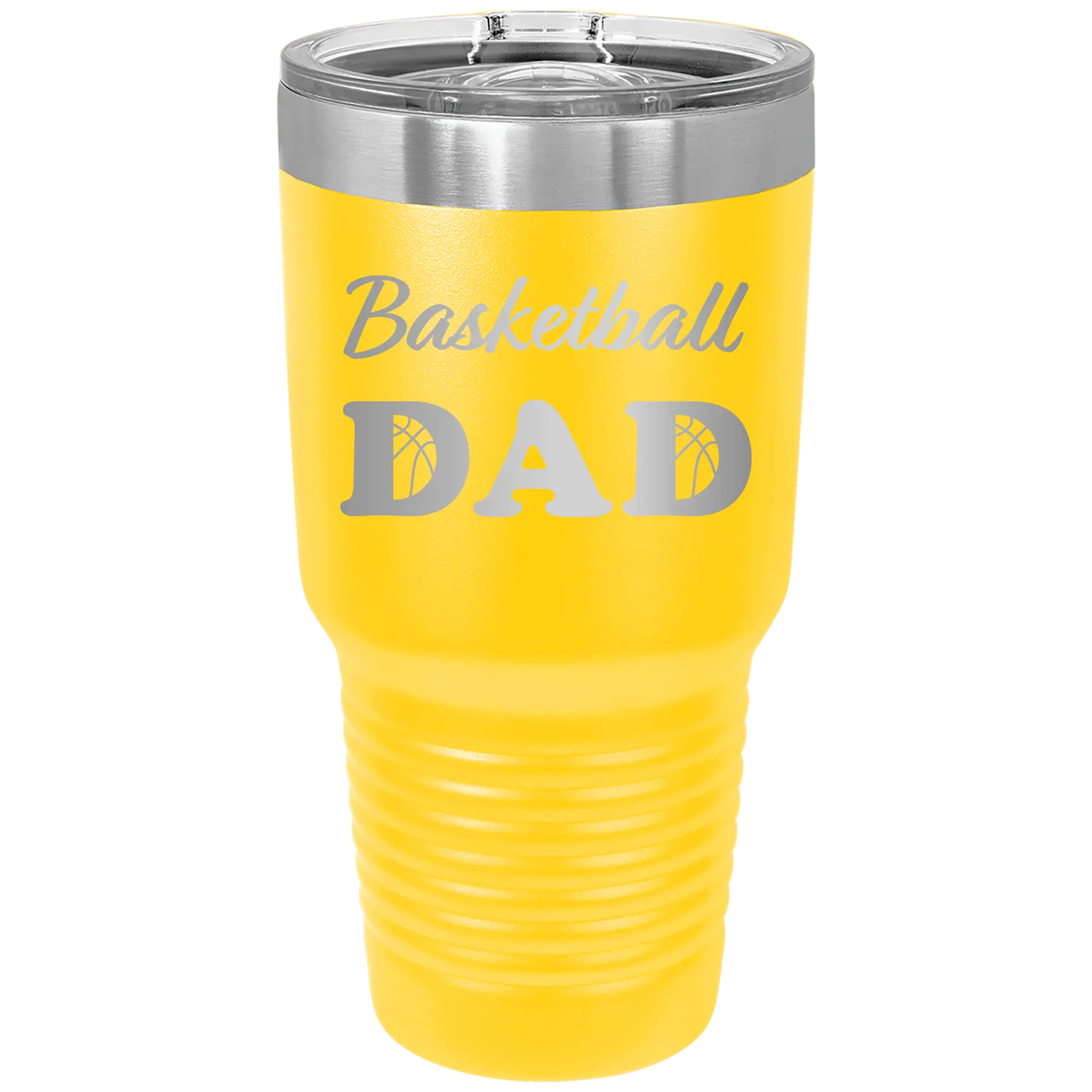 Laser etched yellow 30 oz vacuum insulated tumbler with 'Basketball Dad2' design