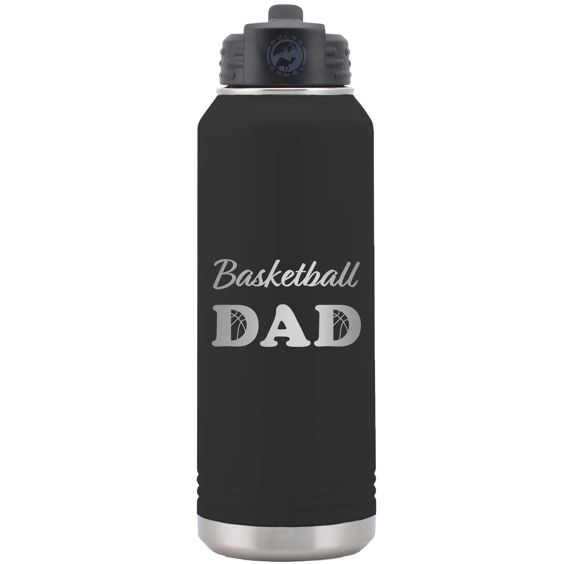 Laser etched black 32 oz vacuum insulated water bottle with 'Basketball Dad2' design