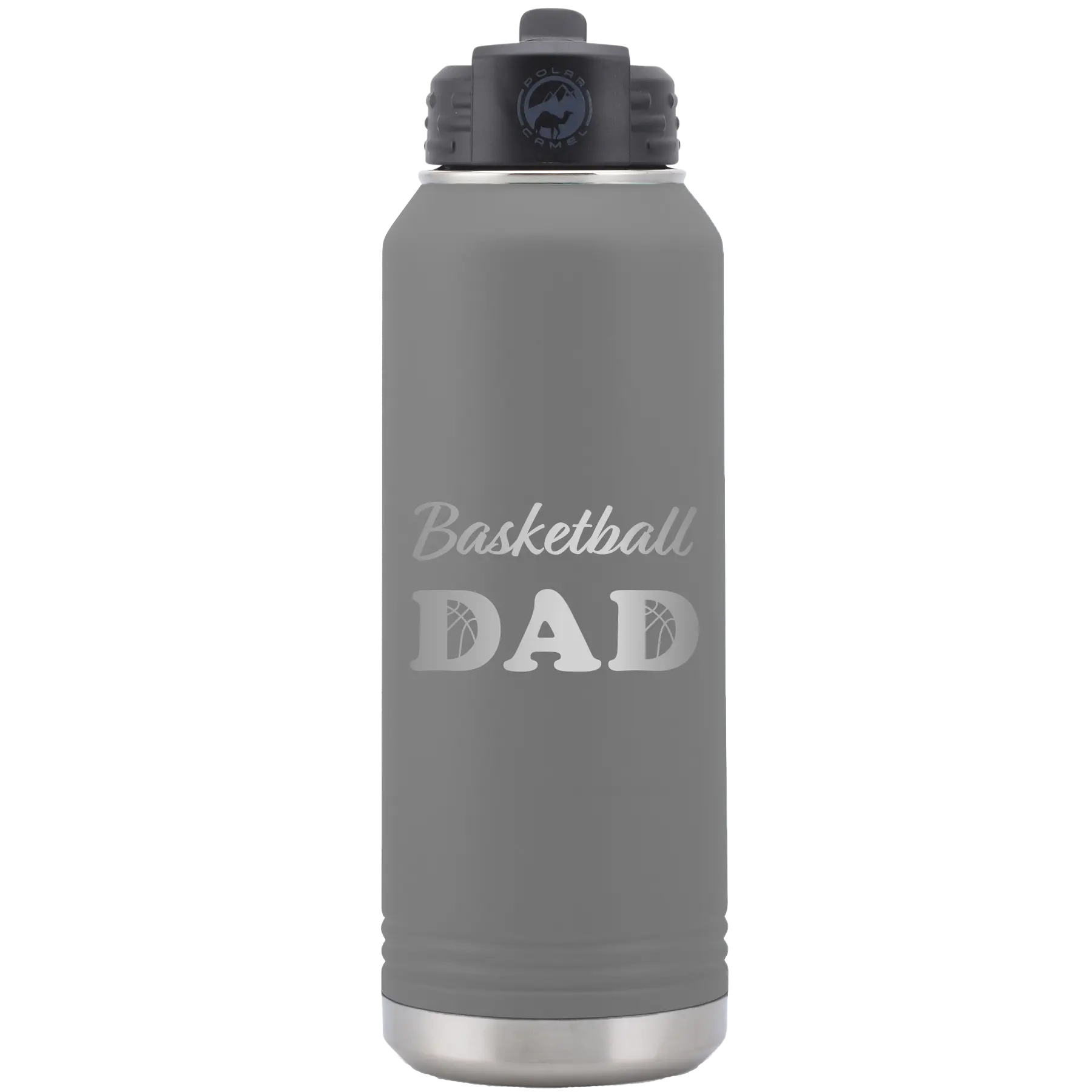 Laser etched dark gray 32 oz vacuum insulated water bottle with 'Basketball Dad2' design