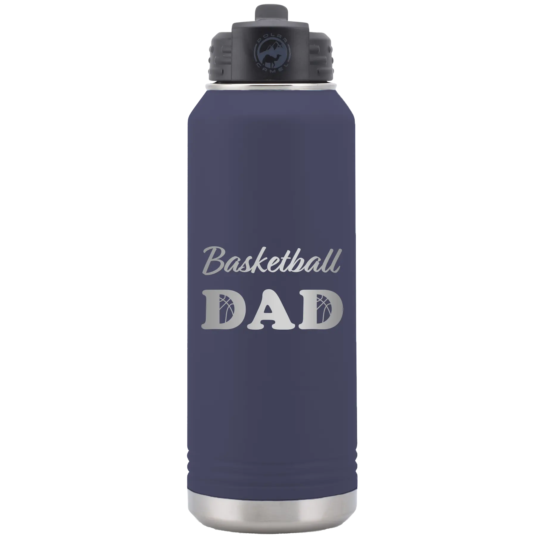 Laser etched navy 32 oz vacuum insulated water bottle with 'Basketball Dad2' design