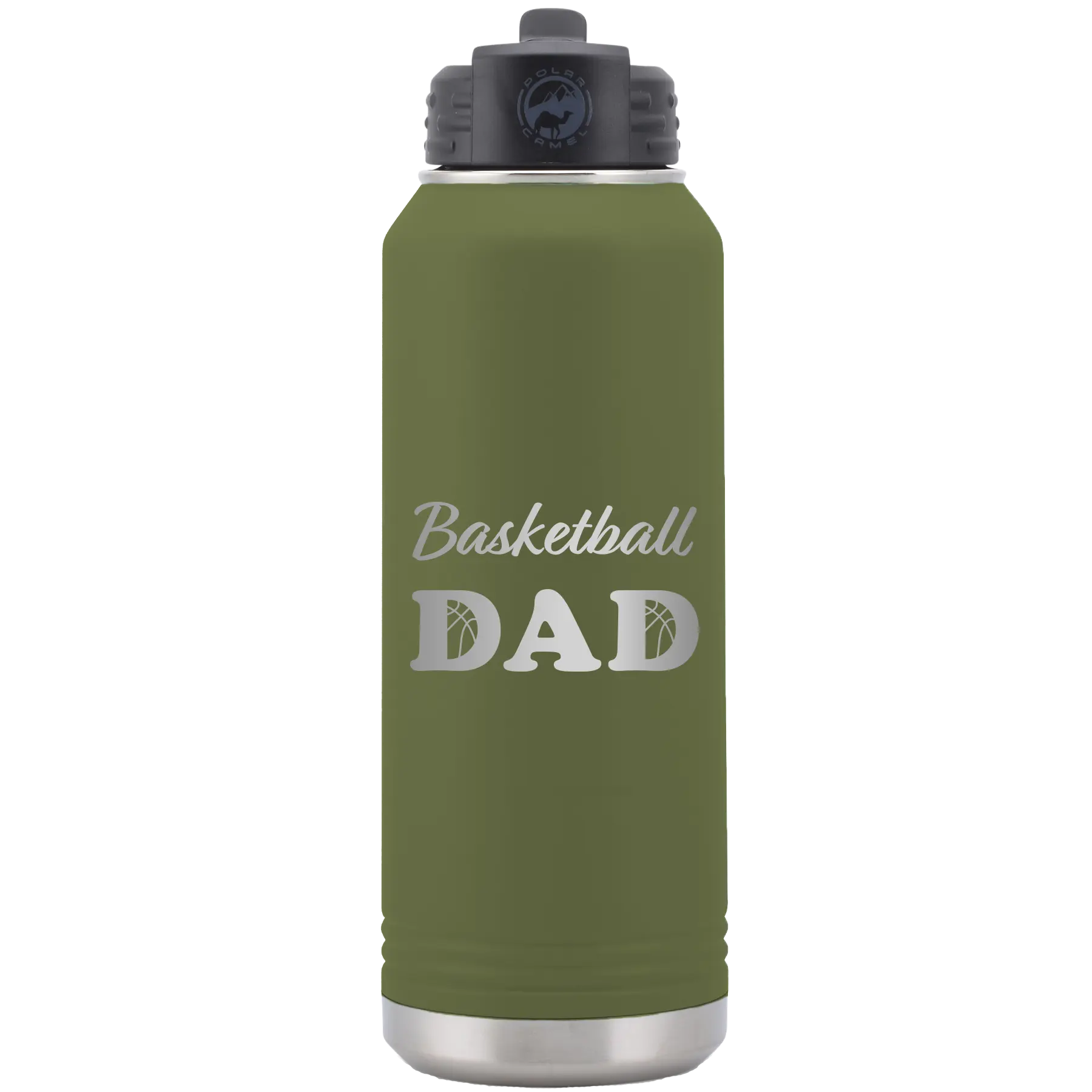 Laser etched olive green 32 oz vacuum insulated water bottle with 'Basketball Dad2' design