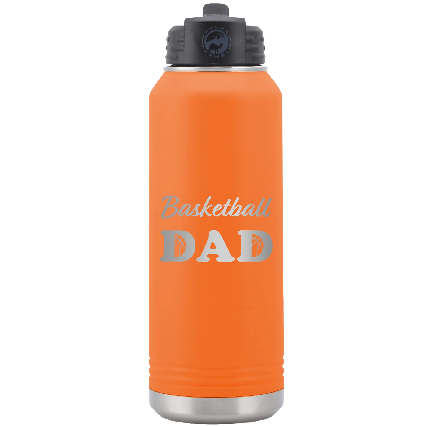Laser etched orange 32 oz vacuum insulated water bottle with 'Basketball Dad2' design