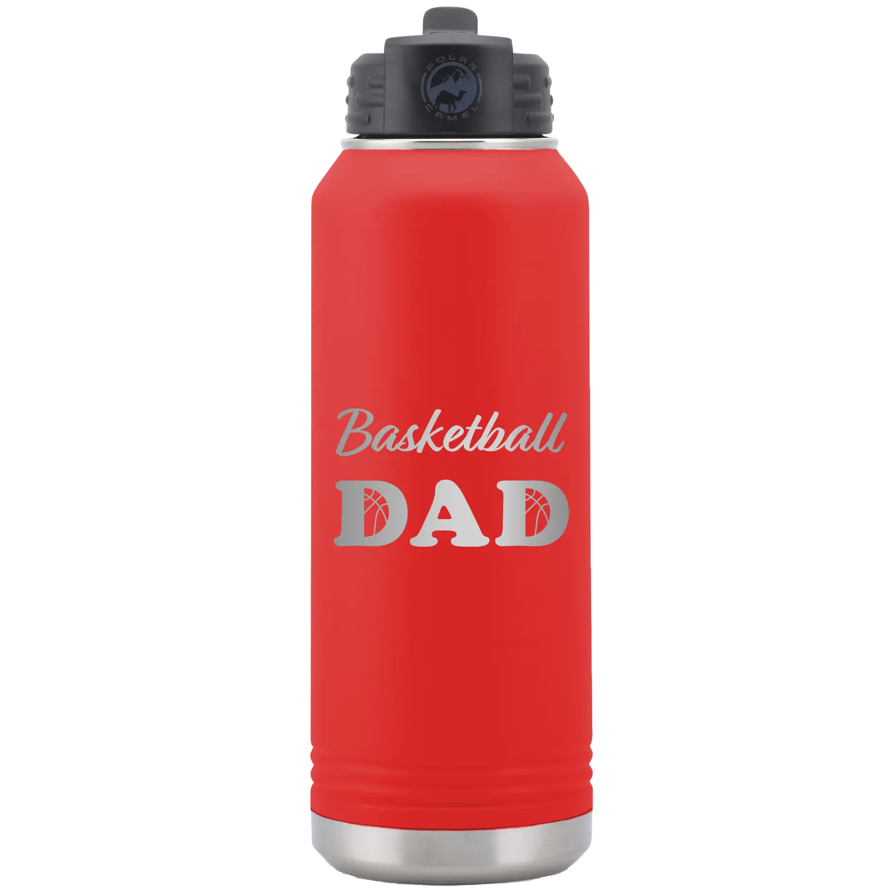 Laser etched red 32 oz vacuum insulated water bottle with 'Basketball Dad2' design
