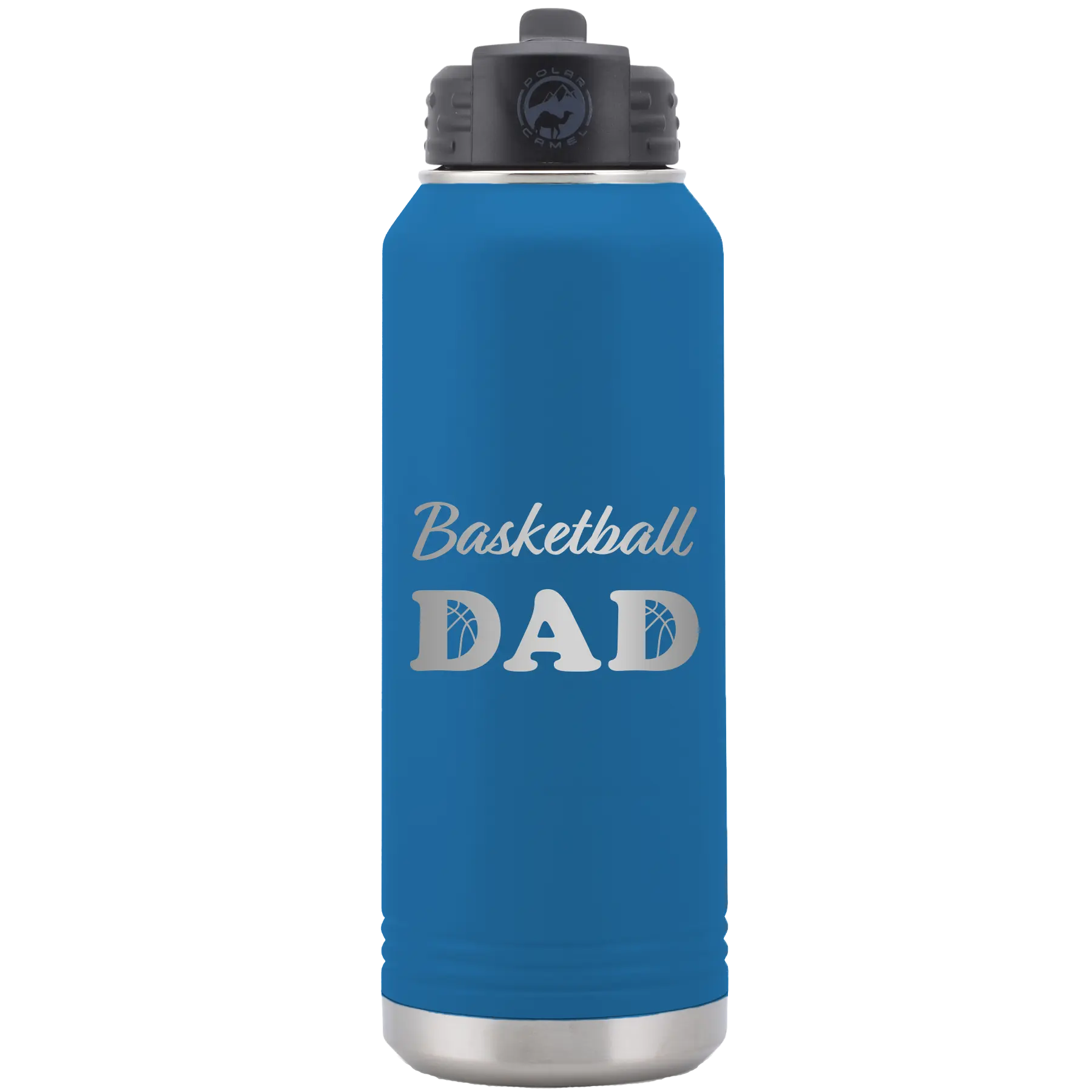 Laser etched royal blue 32 oz vacuum insulated water bottle with 'Basketball Dad2' design