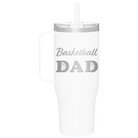 Laser etched white 40 oz vacuum insulated tumbler mug with 'Basketball Dad2' design