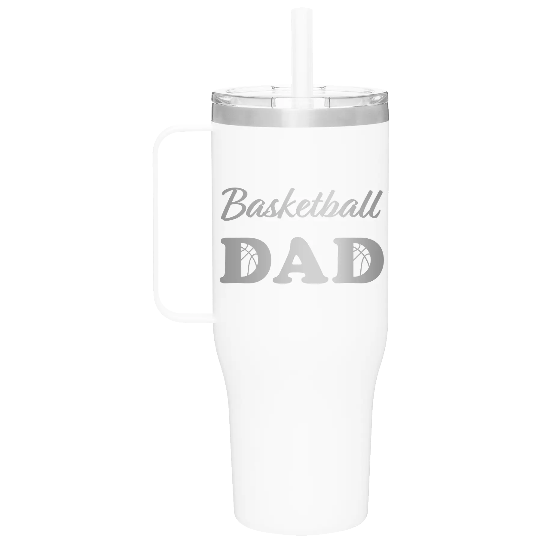 Laser etched white 40 oz vacuum insulated tumbler mug with 'Basketball Dad2' design