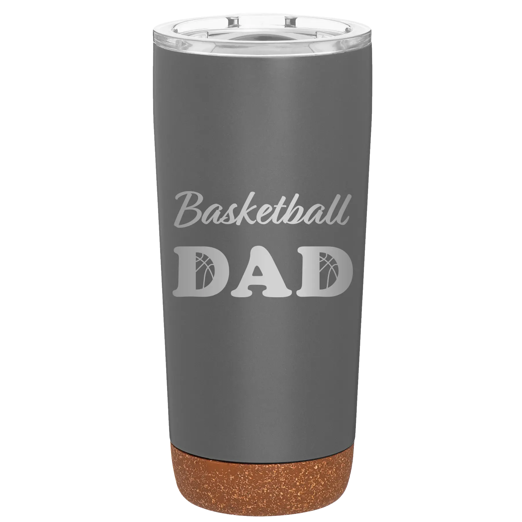 Laser etched storm gray 20 oz vacuum insulated tumbler with 'Basketball Dad2' design