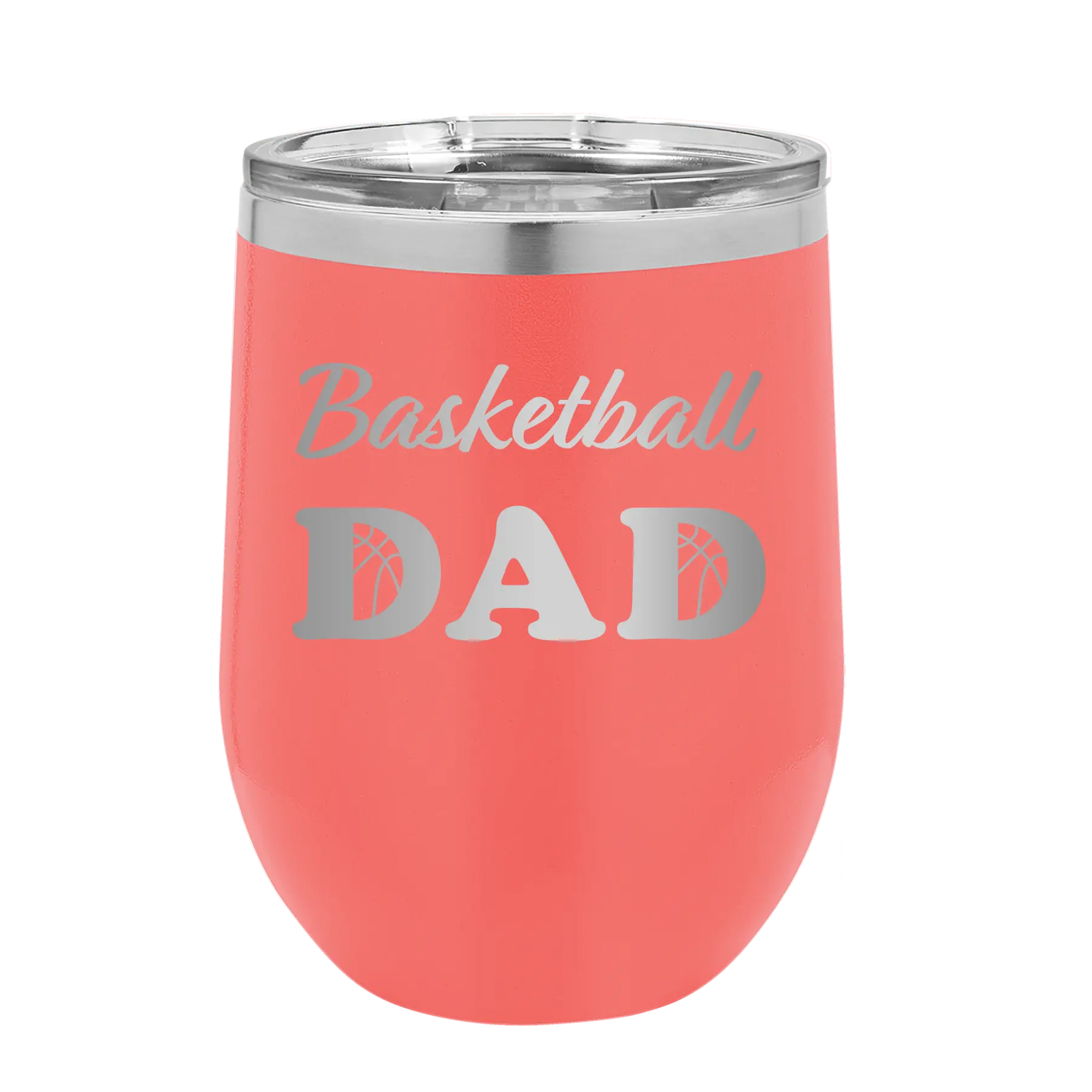 Laser etched coral 12 oz vacuum insulated wine cup with 'Basketball Dad2' design