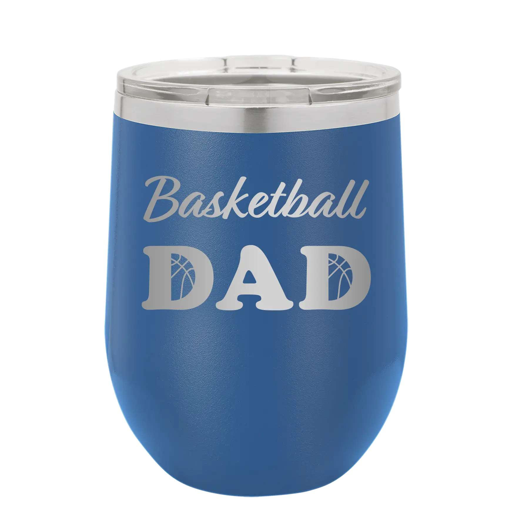 Laser etched royal blue 12 oz vacuum insulated wine cup with 'Basketball Dad2' design