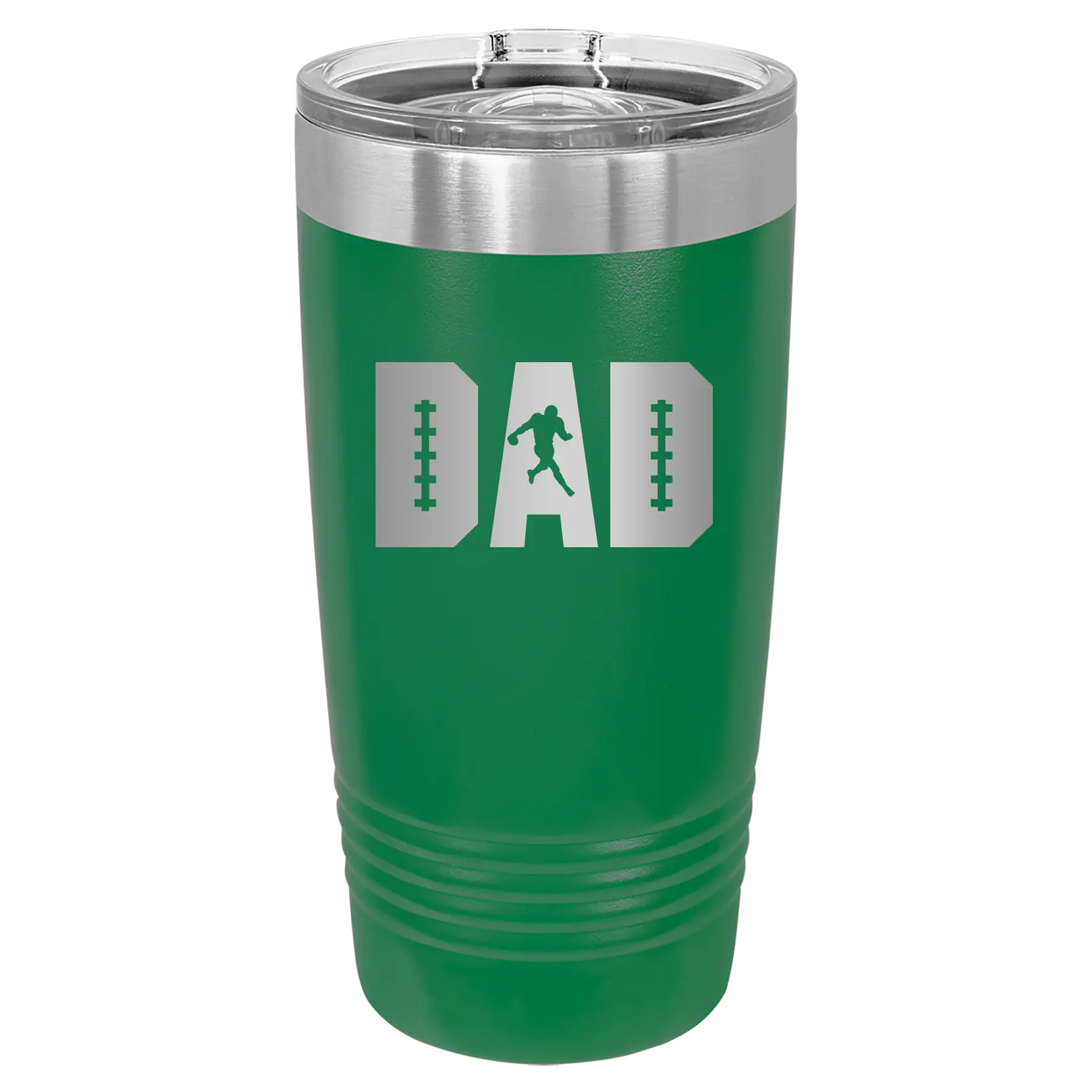 Laser etched green 20 oz vacuum insulated tumbler with 'Football Dad' design