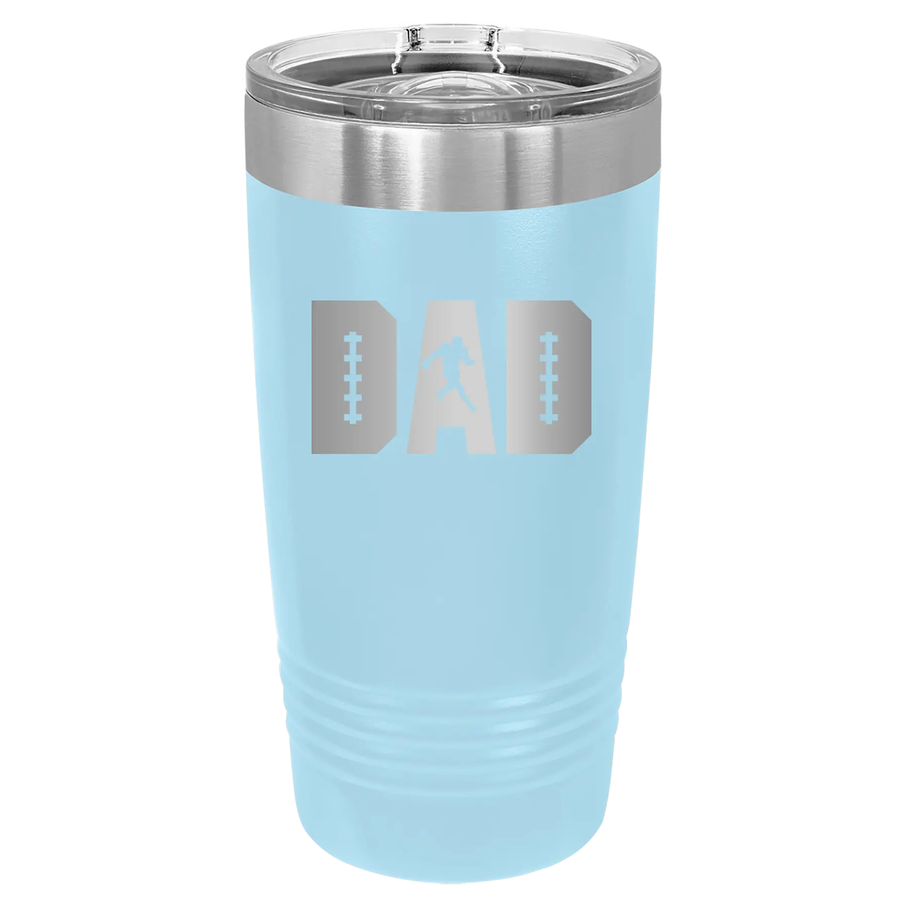 Laser etched light blue 20 oz vacuum insulated tumbler with 'Football Dad' design