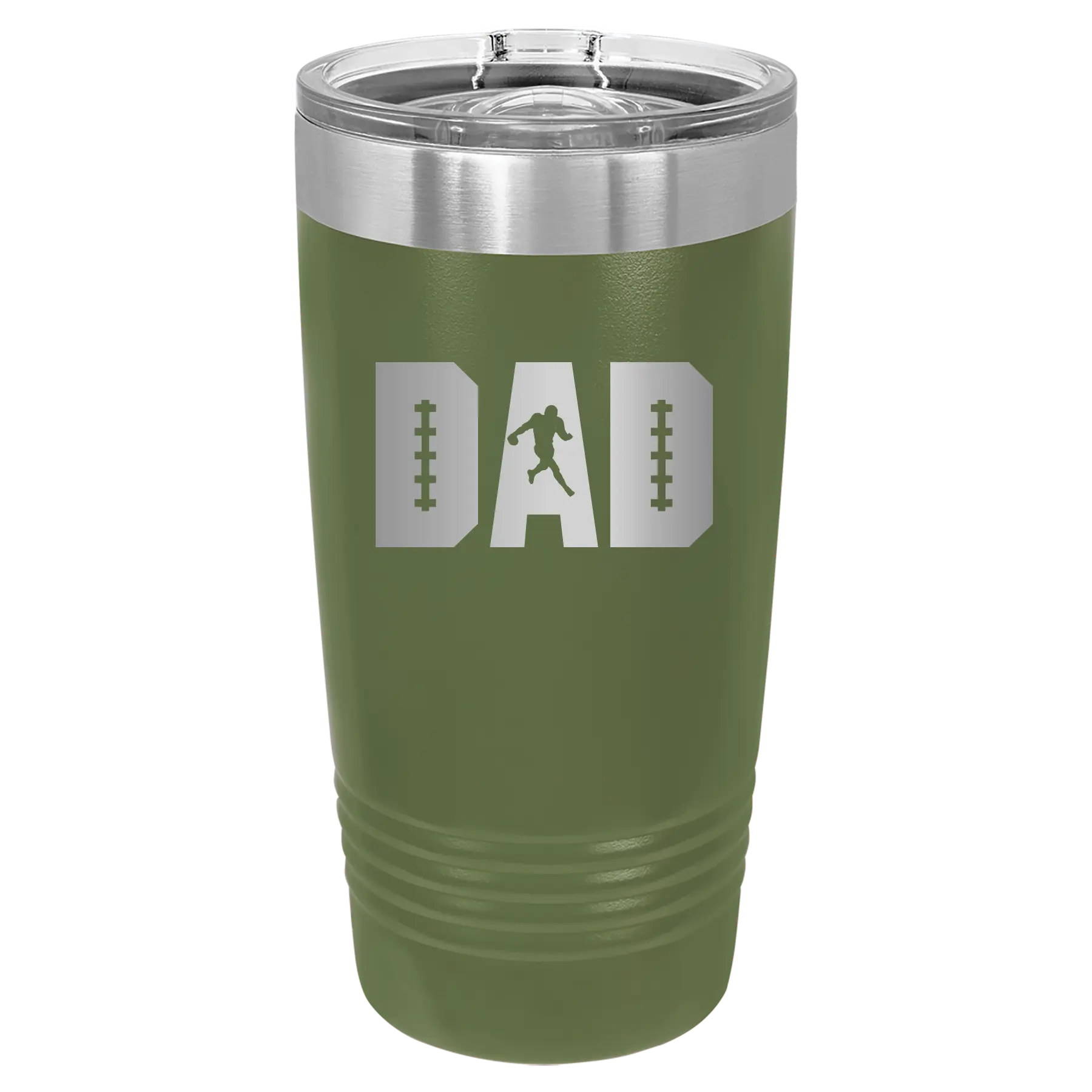 Laser etched olive green 20 oz vacuum insulated tumbler with 'Football Dad' design