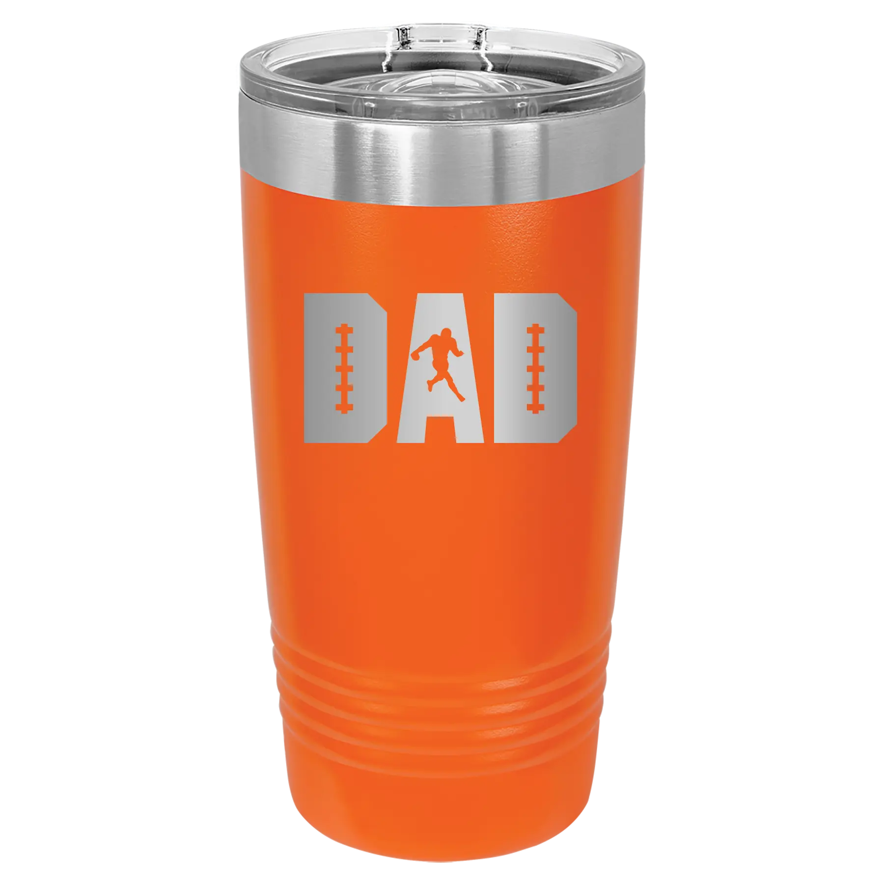 Laser etched orange 20 oz vacuum insulated tumbler with 'Football Dad' design