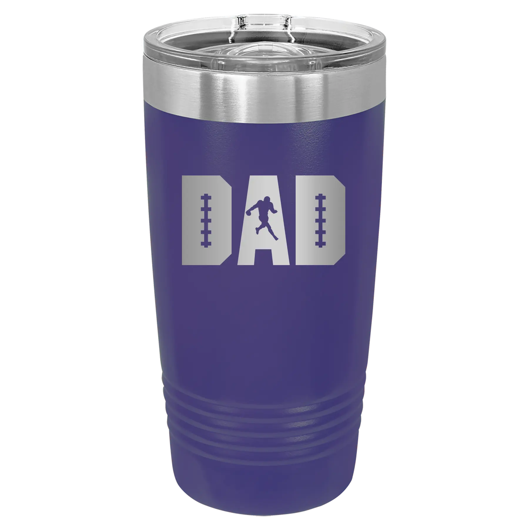 Laser etched purple 20 oz vacuum insulated tumbler with 'Football Dad' design