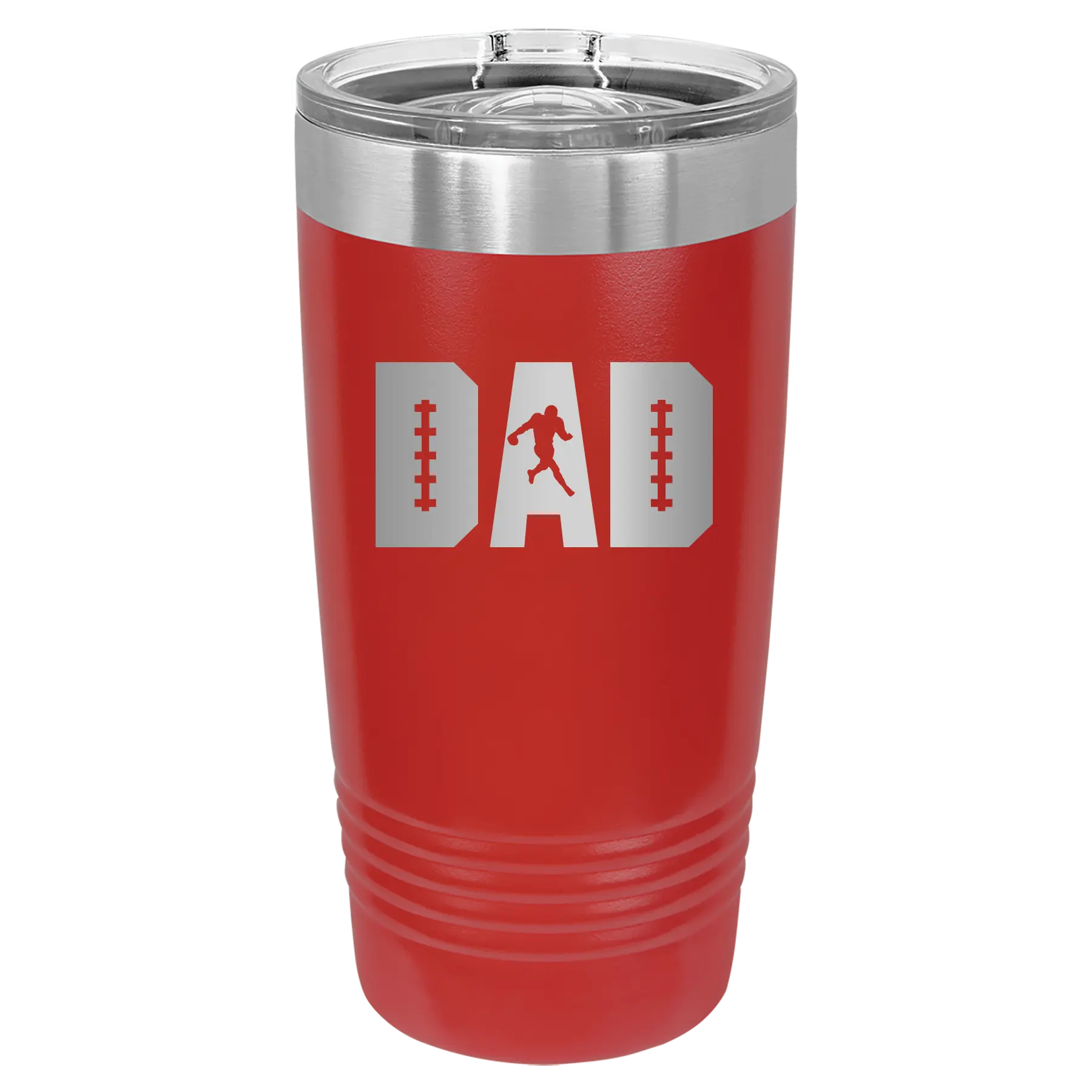 Laser etched red 20 oz vacuum insulated tumbler with 'Football Dad' design