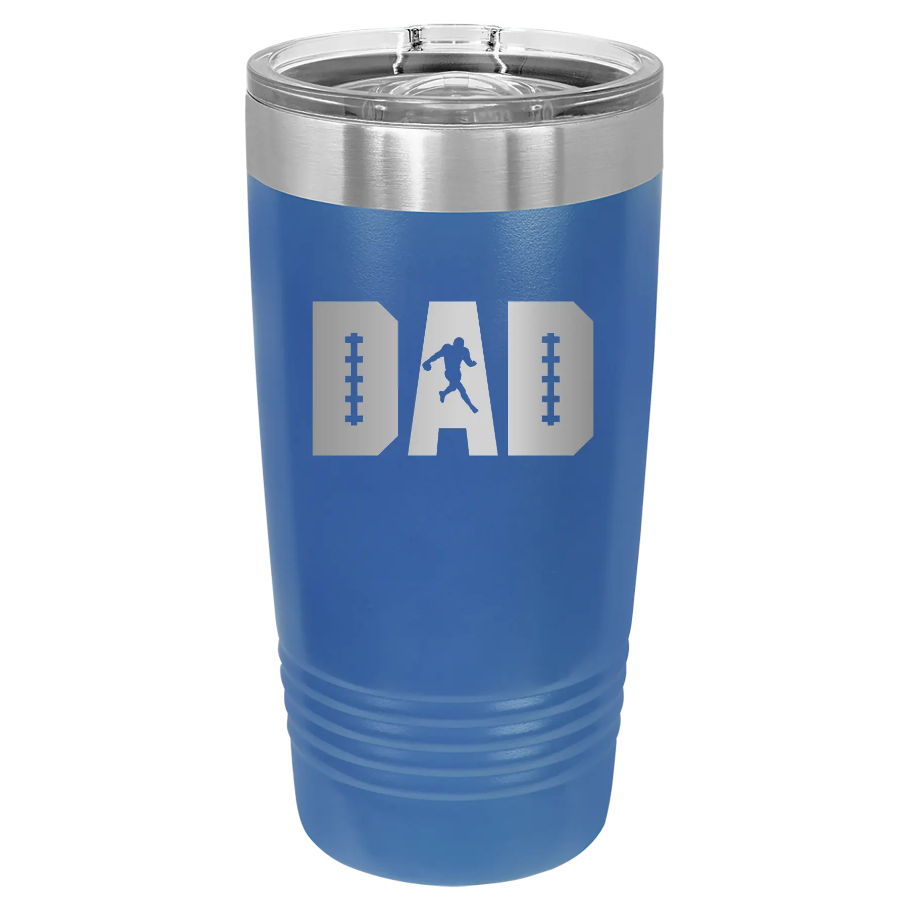 Laser etched royal blue 20 oz vacuum insulated tumbler with 'Football Dad' design