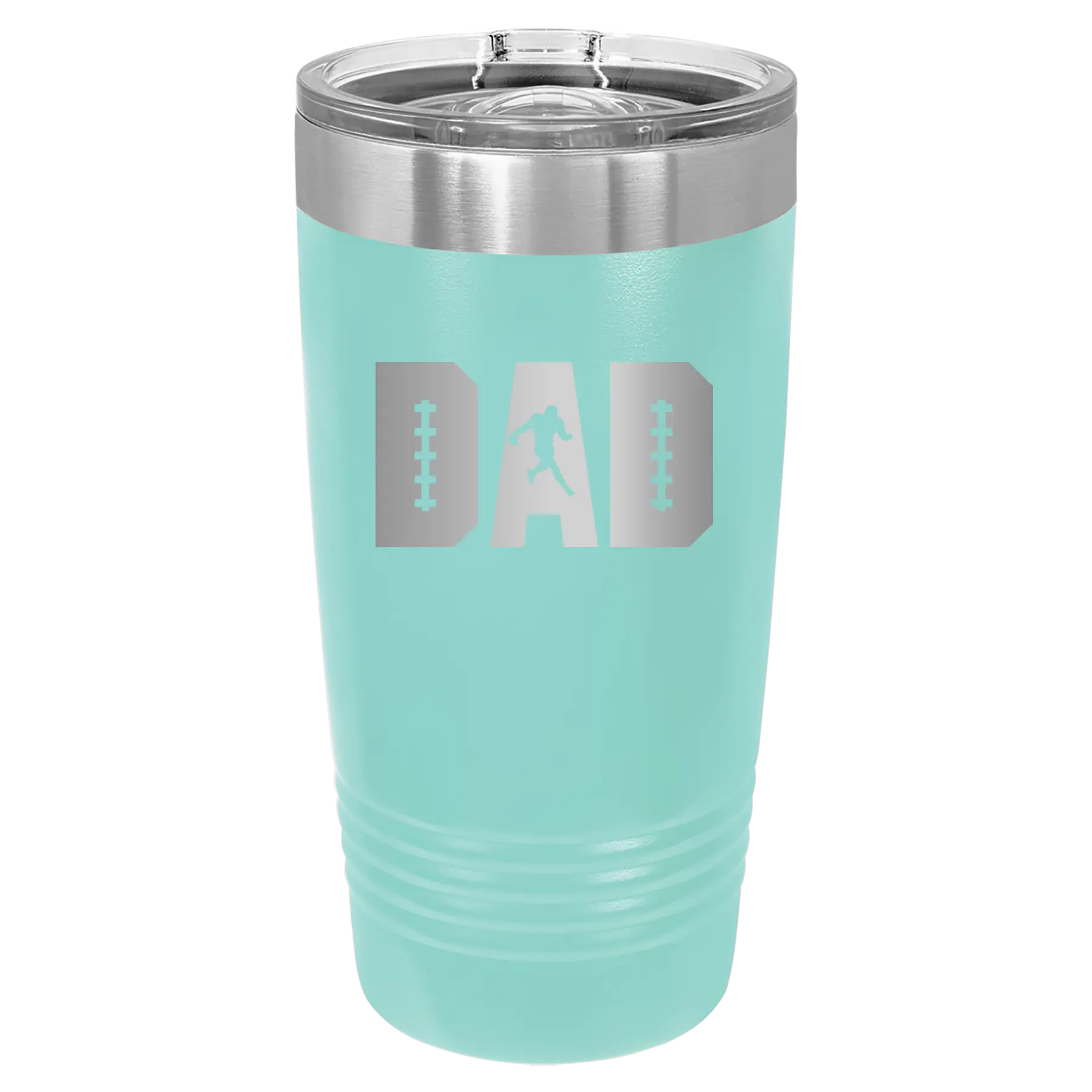 Laser etched teal 20 oz vacuum insulated tumbler with 'Football Dad' design