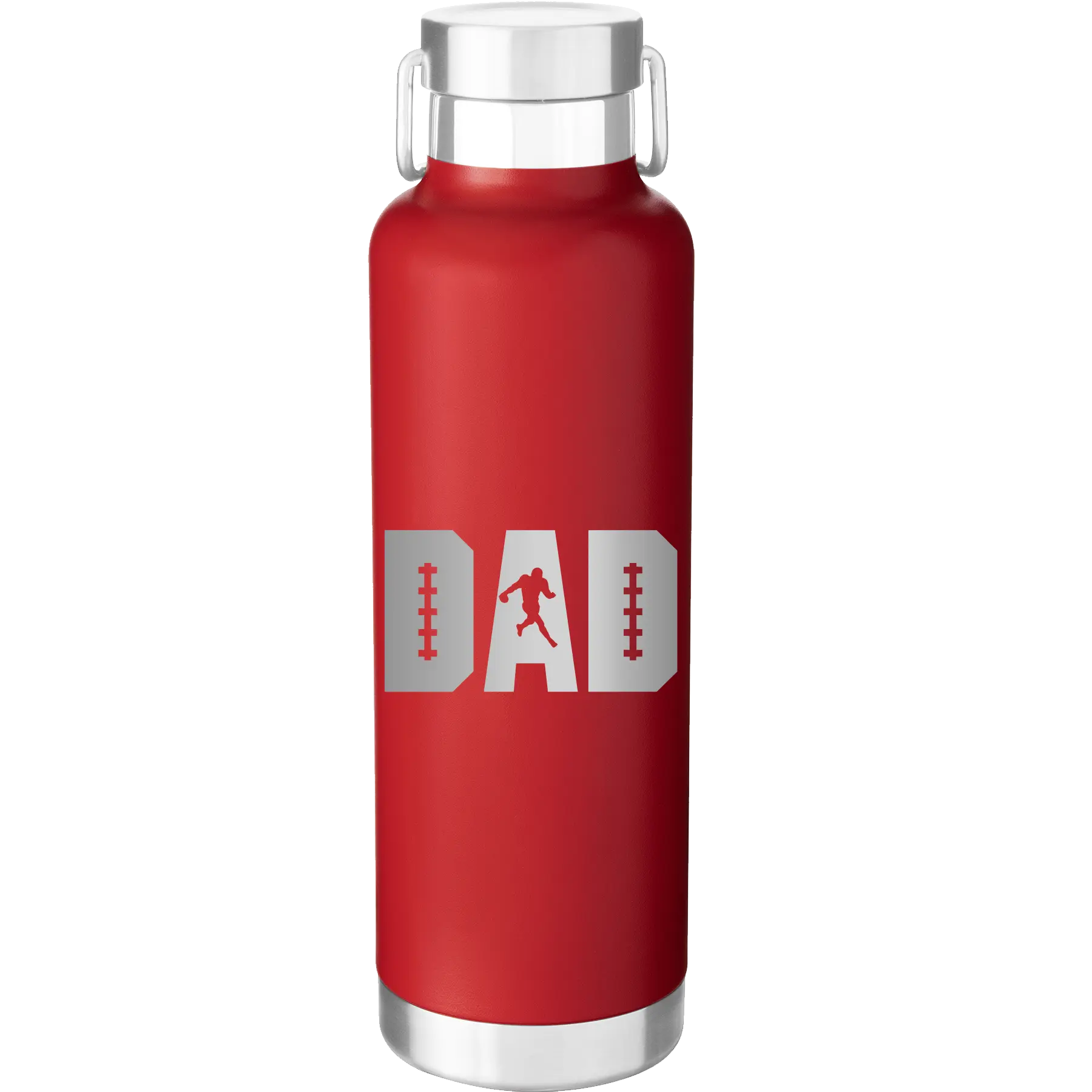 Laser etched red 24 oz vacuum insulated water bottle with 'Football Dad' design