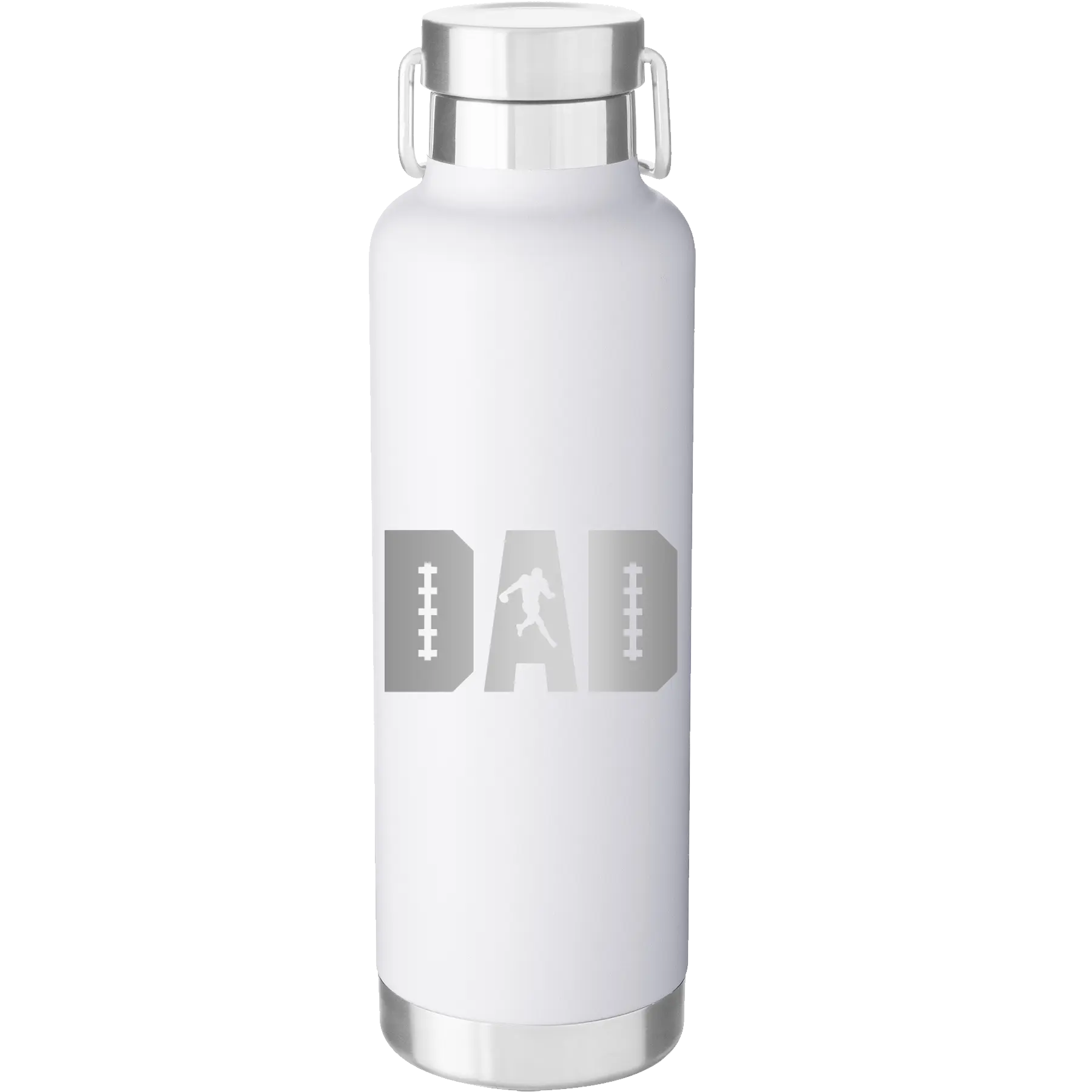Laser etched white 24 oz vacuum insulated water bottle with 'Football Dad' design