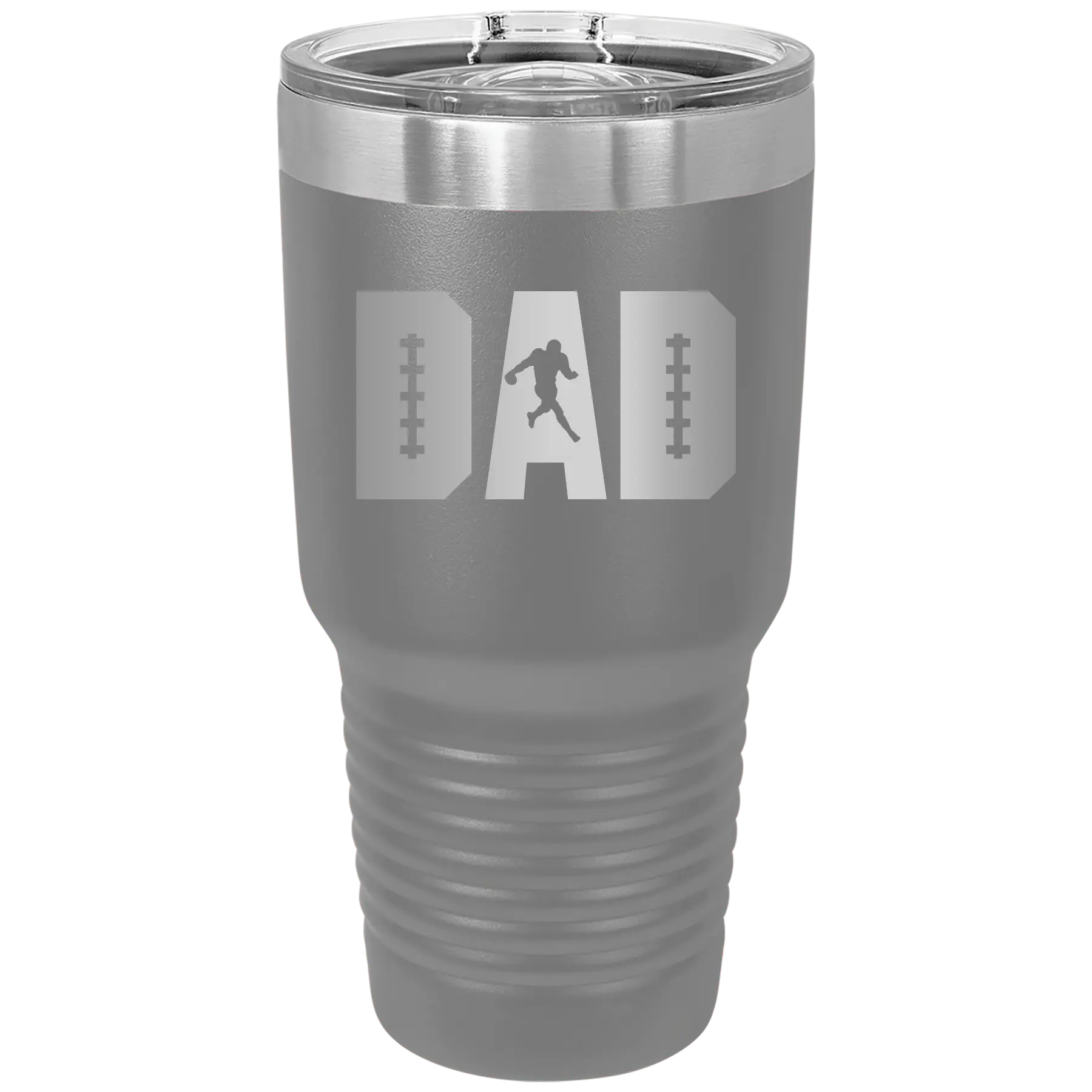 Laser etched dark gray 30 oz vacuum insulated tumbler with 'Football Dad' design