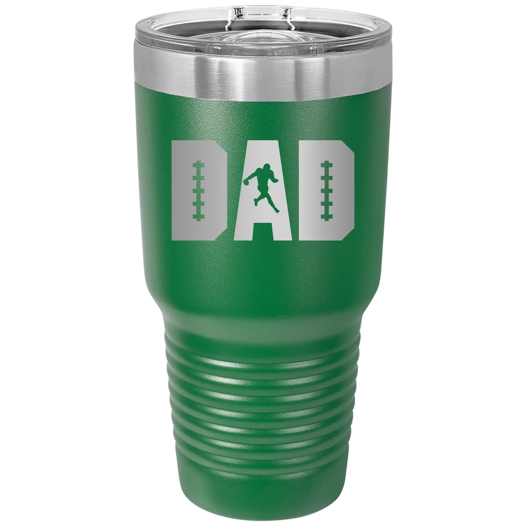 Laser etched green 30 oz vacuum insulated tumbler with 'Football Dad' design