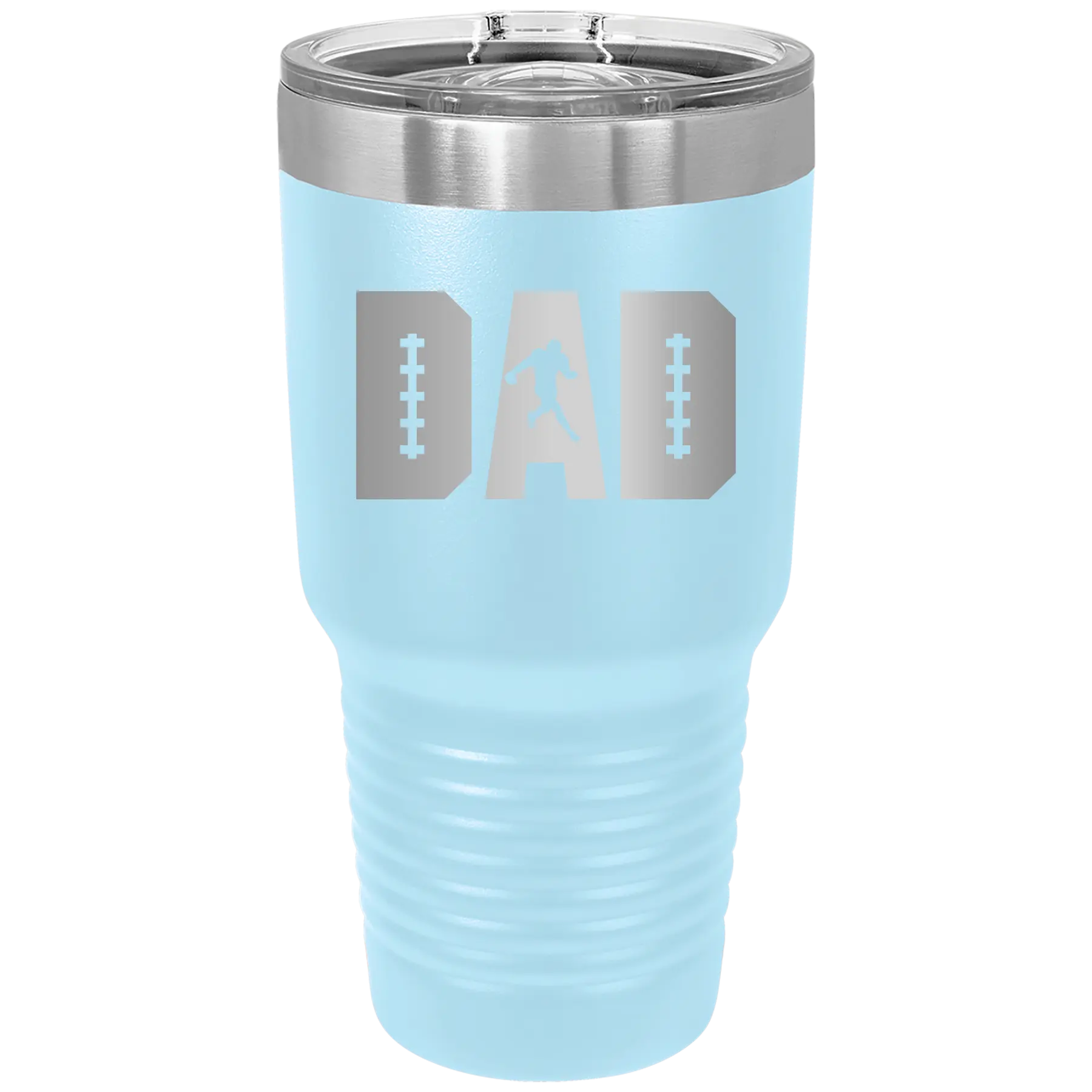Laser etched light blue 30 oz vacuum insulated tumbler with 'Football Dad' design