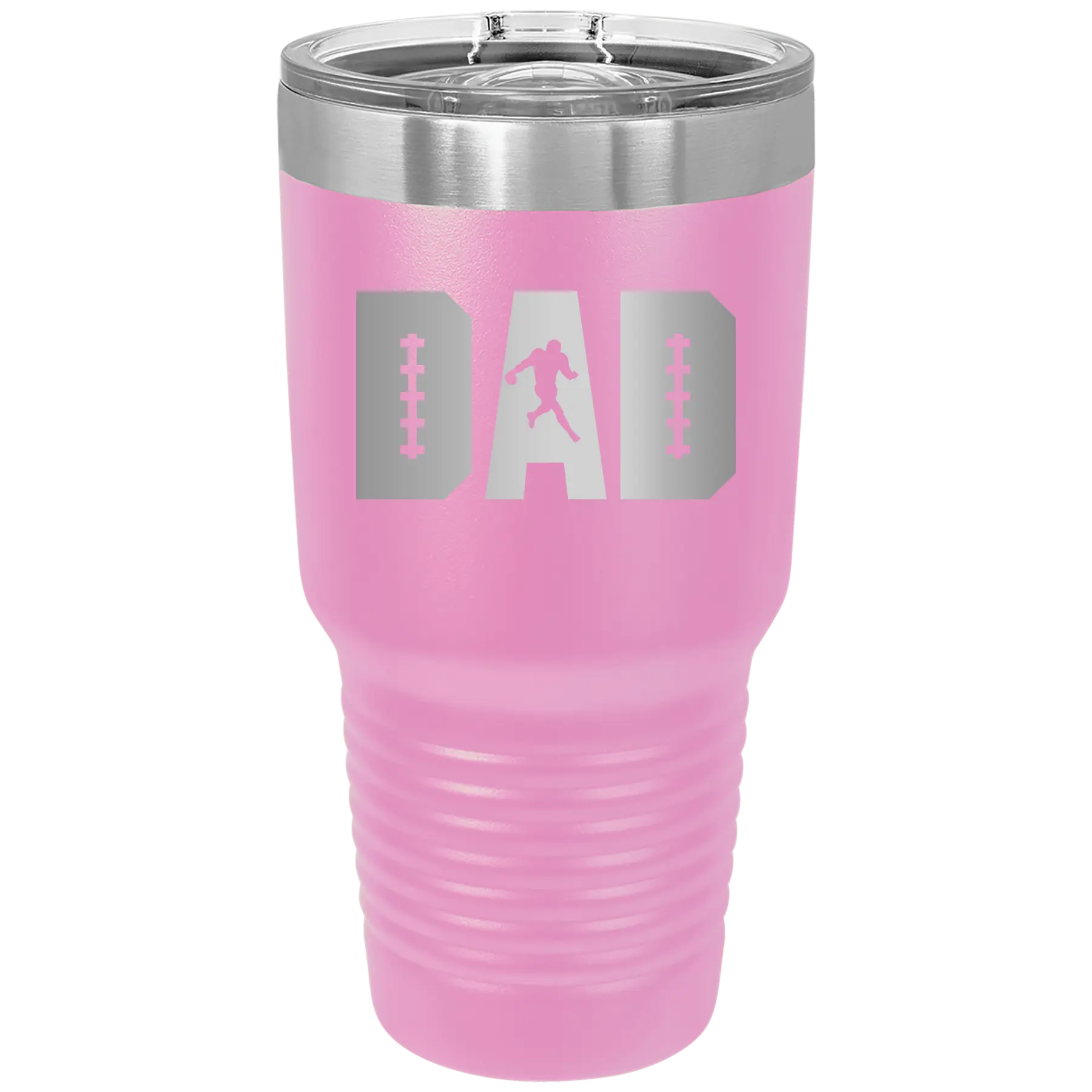 Laser etched light purple 30 oz vacuum insulated tumbler with 'Football Dad' design