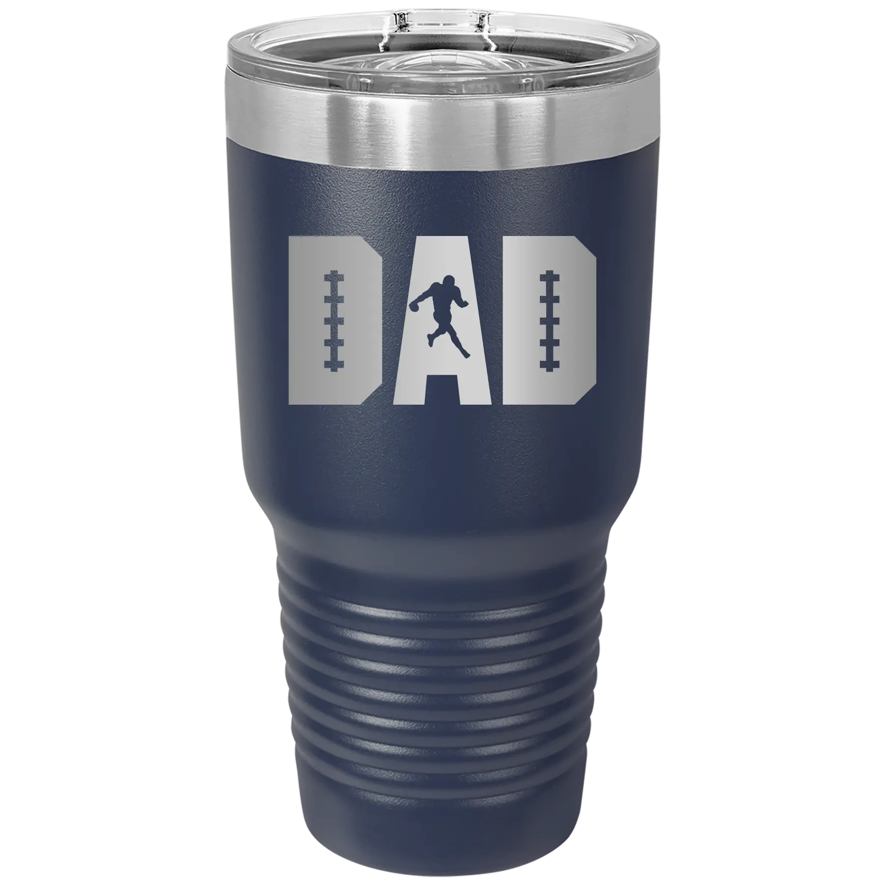 Laser etched navy 30 oz vacuum insulated tumbler with 'Football Dad' design