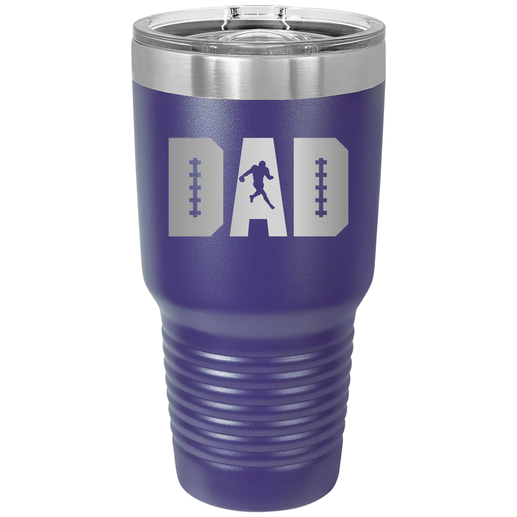 Laser etched purple 30 oz vacuum insulated tumbler with 'Football Dad' design