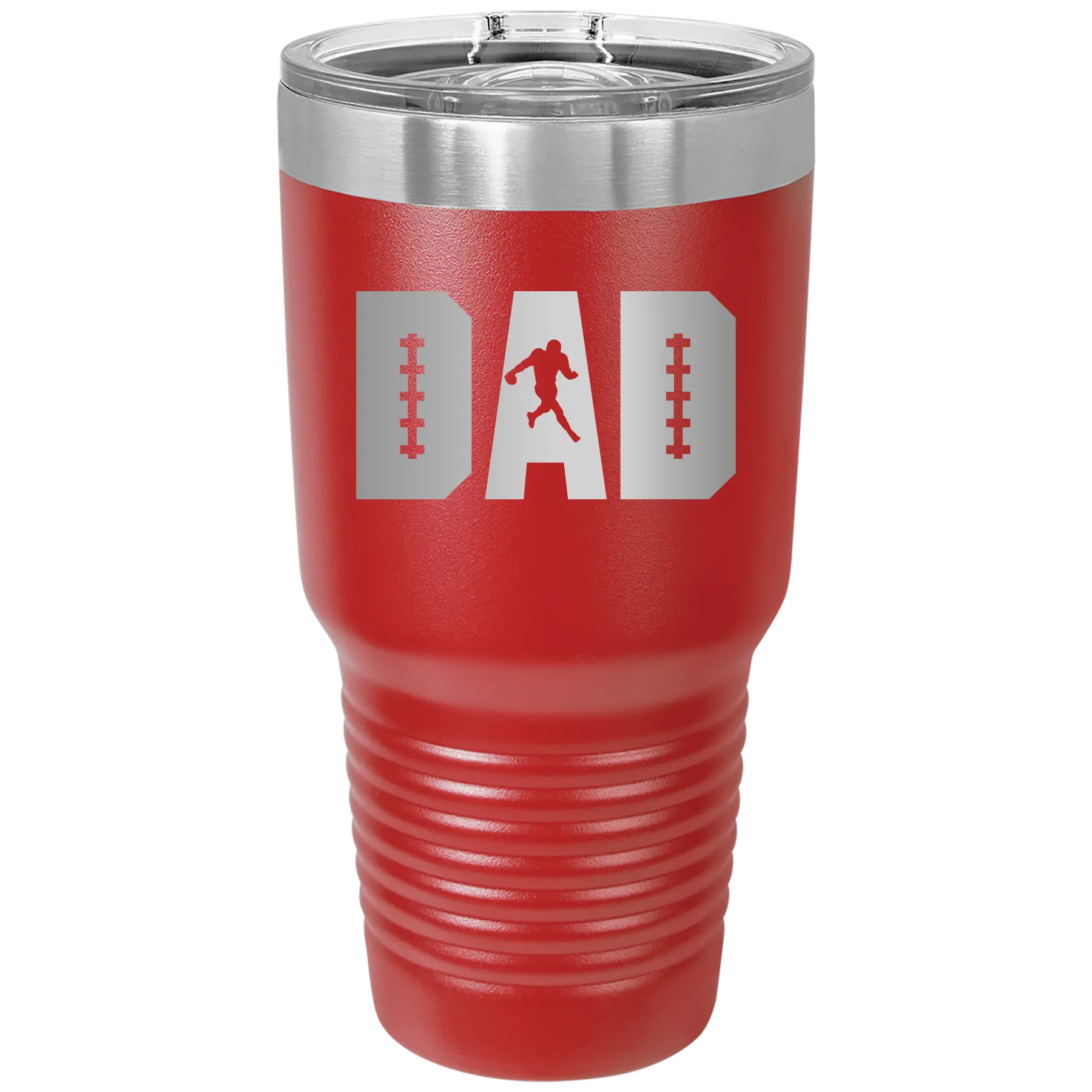 Laser etched red 30 oz vacuum insulated tumbler with 'Football Dad' design