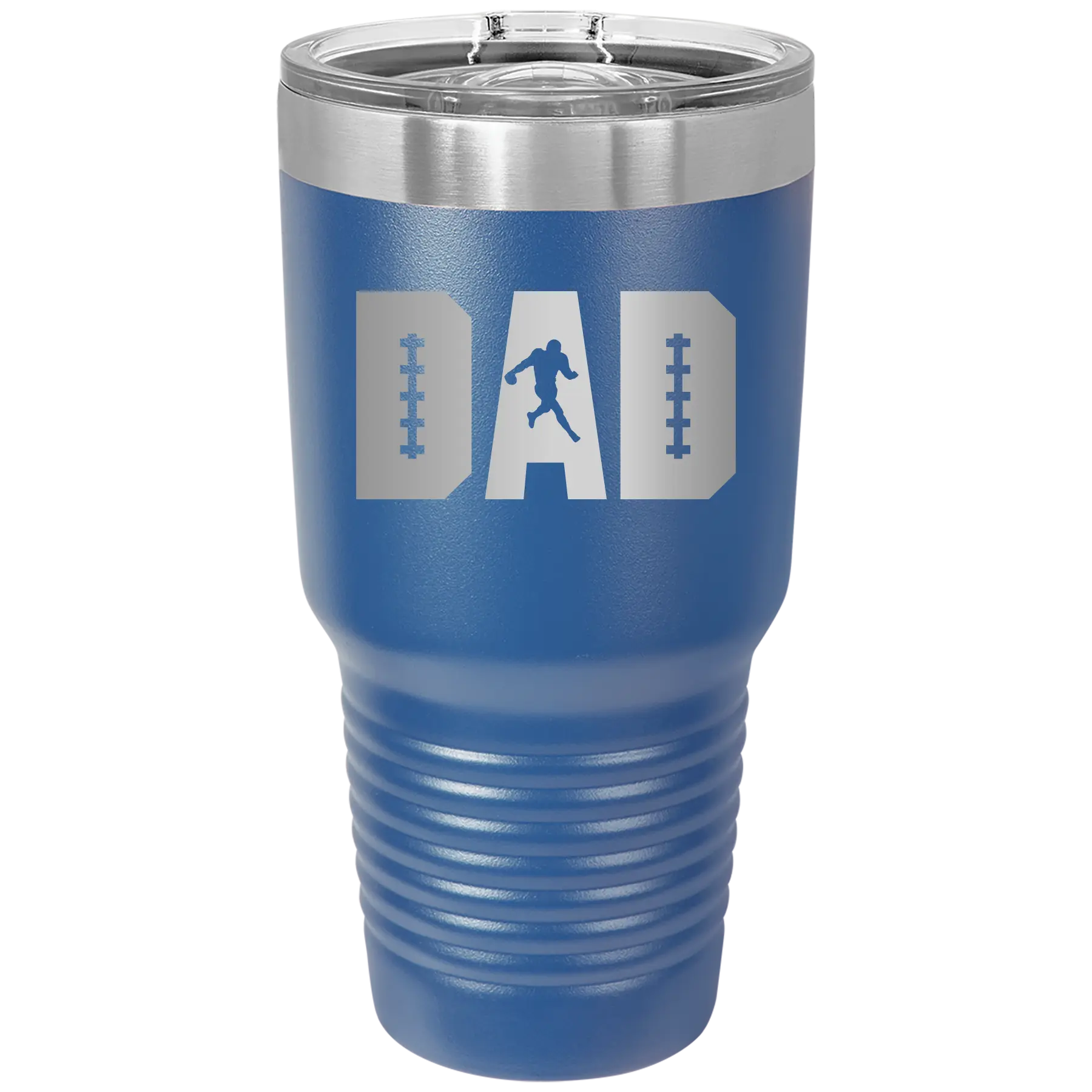 Laser etched royal blue 30 oz vacuum insulated tumbler with 'Football Dad' design